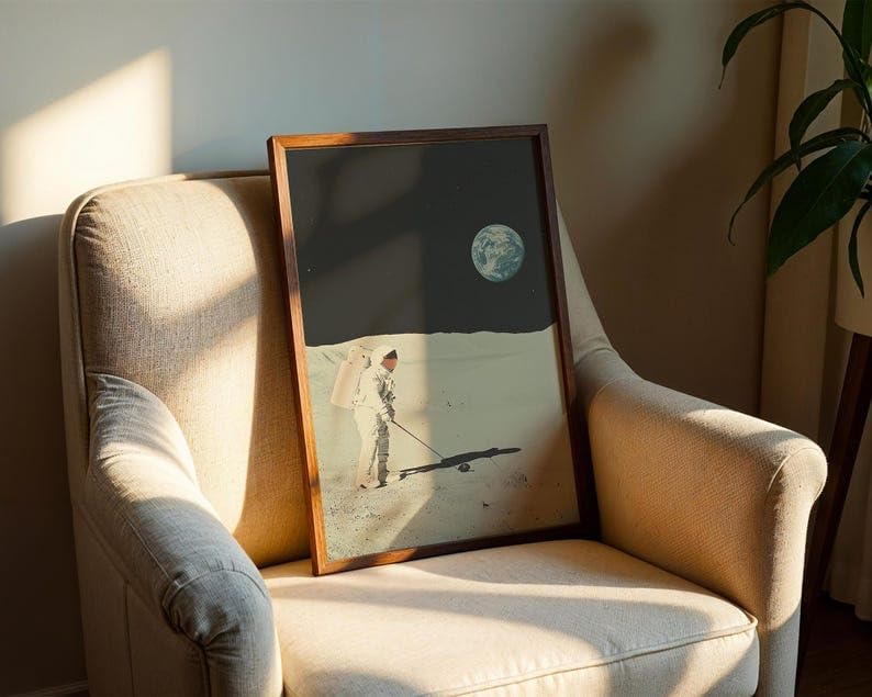 Vintage Space Golf Wall Art, Retro Astronaut Sports Print for Bar, Office or Game Room Decor, Outer Space Golfer Poster with Earth View and Tee Time Theme (Unframed) (11x14)