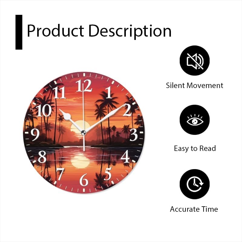Sunset Wall Clock Non-Ticking Silent Clocks Battery Operated Analog Decor Clock for Home-Sunset with Palm Trees and Reflections On The Water(12inch)