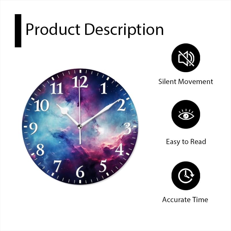 Nebula Wall Clock Non-Ticking Silent Clocks Battery Operated Analog Decor Clock for Home-Amazing Nebula with Blue and Purple Colors(16inch)