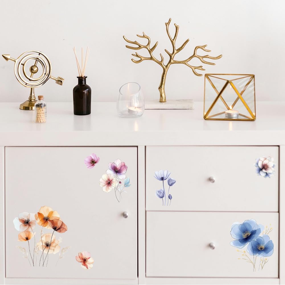 Peacoblue Rub on Transfer Decal Sticker for Furniture Craft Decor 6"x12" Colorful Watercolor Flower, 3Pcs Waterproof UV DTF Transfer for Drawer Dresser Glass Porcelain Wood Plastic Window