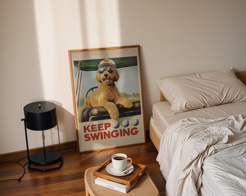 Funny Goldendoodle Golf Wall Art, Vintage Retro Dog Sports Print for Bar, Office or Home Decor, Keep Swinging Inspirational Golfer Artwork (Unframed) (12x18)