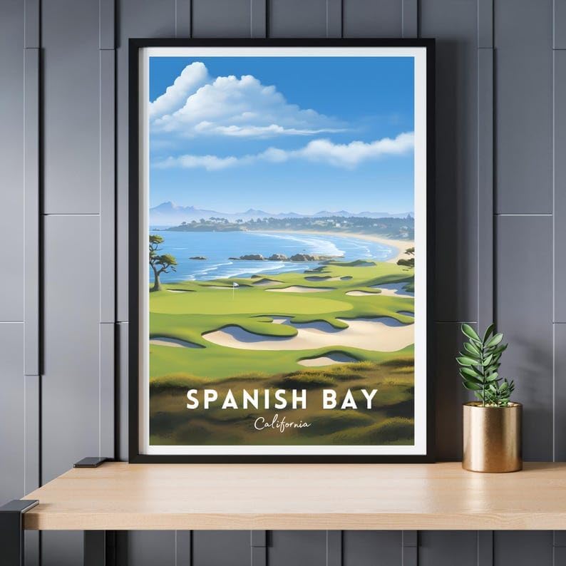 Nationcog Spanish Bay Golf Poster, Vintage California Travel Wall Art Print, Retro Coastal Links Artwork, Classic Golf Decor Gift for Enthusiasts (Unframed) (9x11)