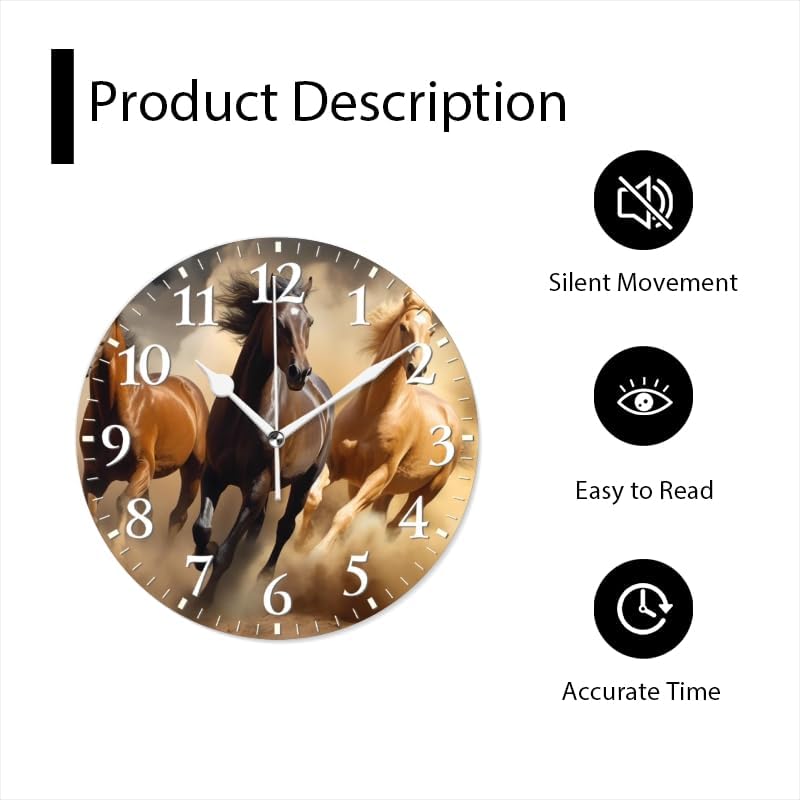 Horses Wall Clock Non-Ticking Silent Clocks Battery Operated Analog Decor Clock for Home-Three Horses Run Through The Desert(12inch)