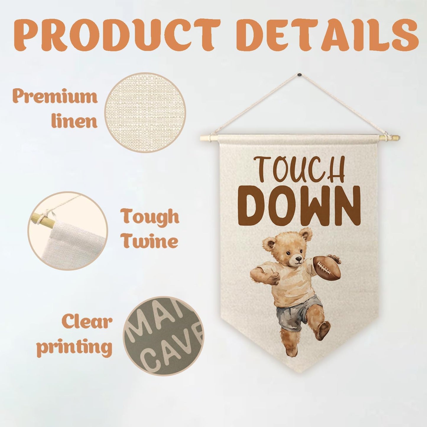 ArtisaEura Bear Nursery Football Wall Canvas Banners, Bear Nursery Decor, Touch Down Football Hanging Display Pennant Banner Flags, Cute Animals Wall Decor for Kids Room Bedroom Playroom