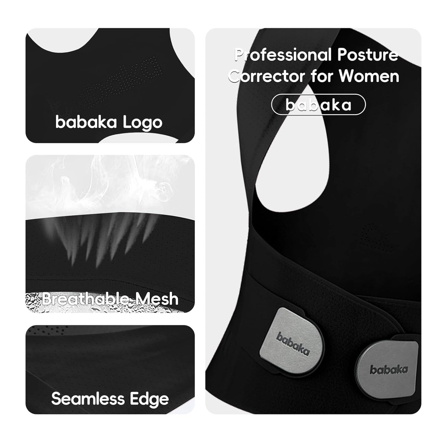 babaka Posture Corrector for Women, Invisible Lightweight Adjustable Back Brace for Upper and Lower Back Pain Relief, Hunchback, Hump, Scoliosis, Thoracic, Spine Corrector Under Clothes (Black, Medium)