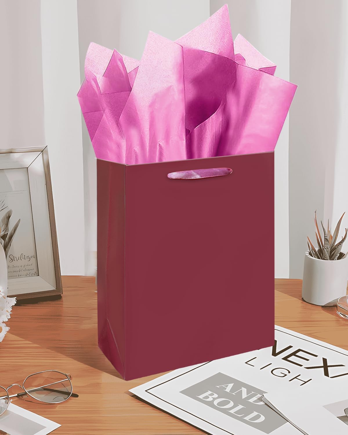 Gcardist Dark Purple Gift Bags with Tissue Paper for Wedding, Birthday, Party Supplies-7.9"x4.3"x9.6" Medium Size Cardboard Gift Bag(5pcs Bags +10pcs Tissue Paper )