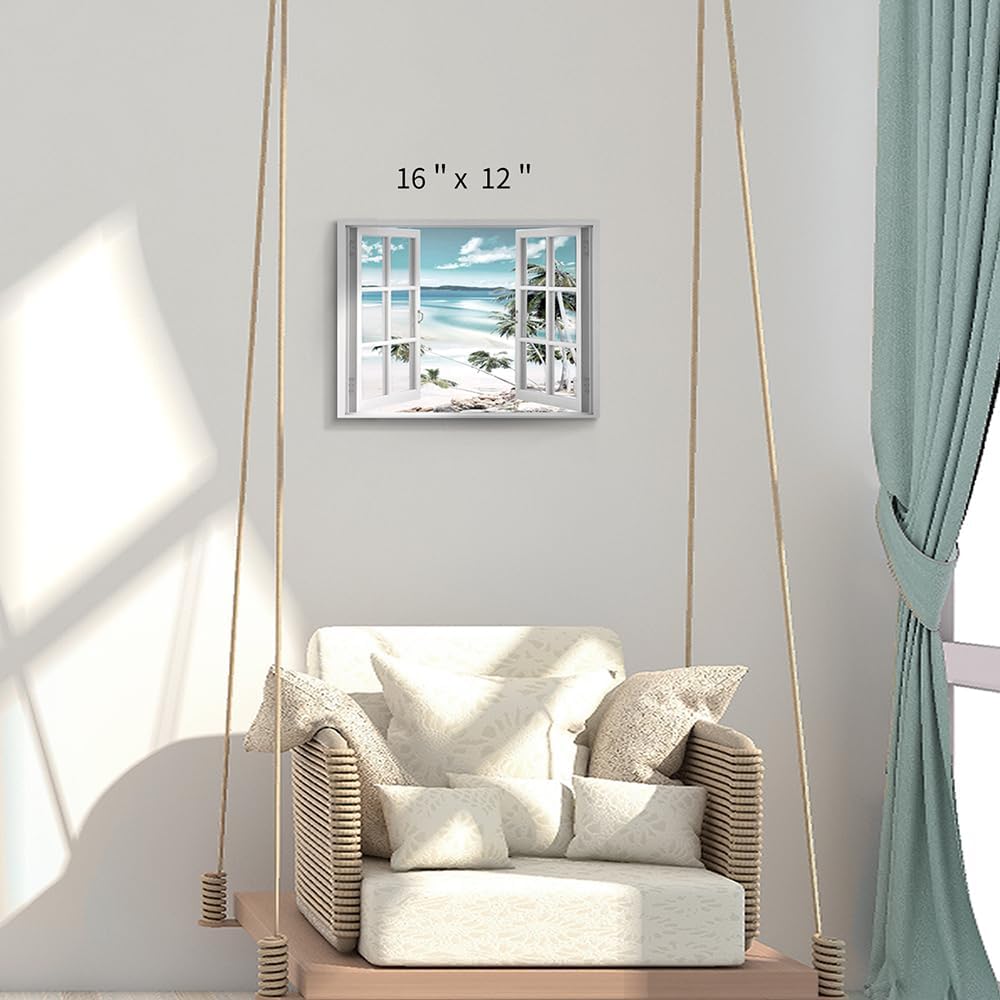 Canvas Windows Picture Wall Art: Beach with Light Blue Coastal Palm Graphic Artwork Print on Canvas Artwork for Living Room (24” x 36” x 1 Panel)