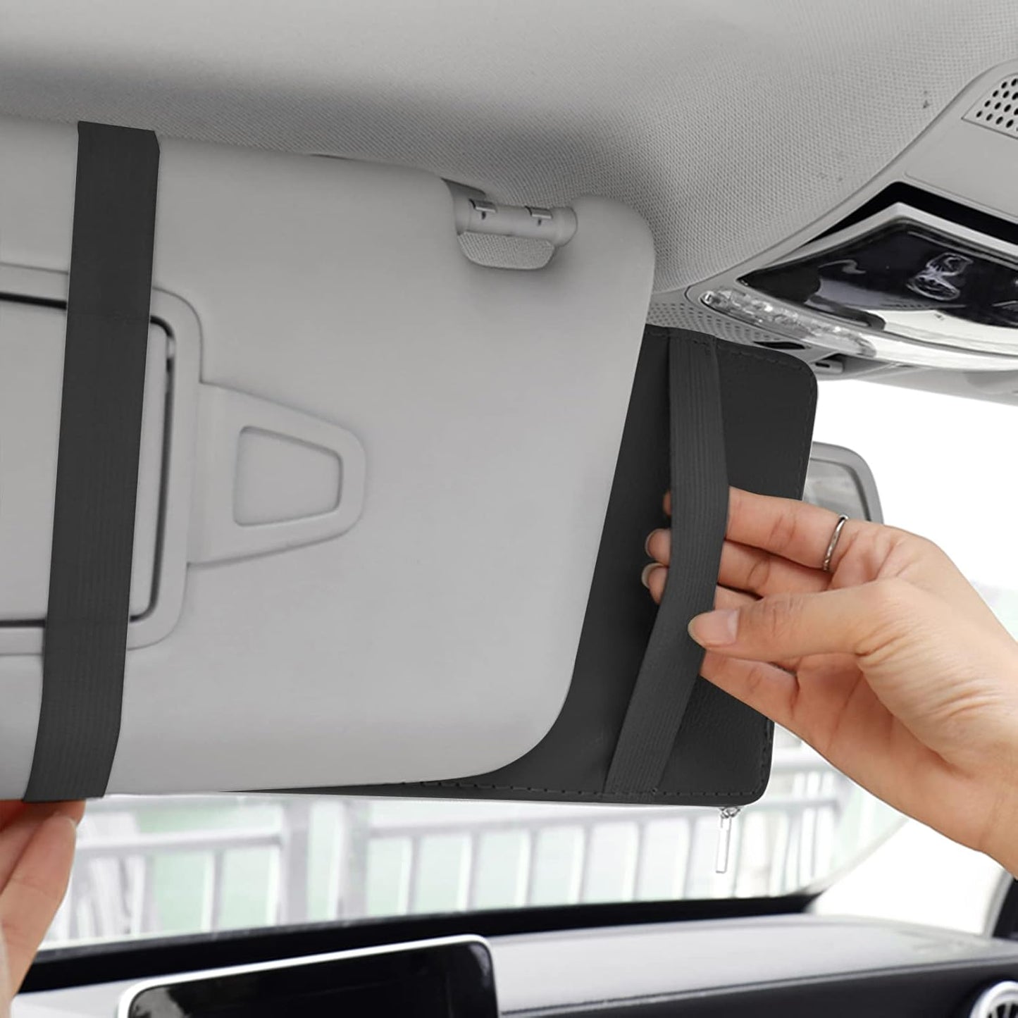 2 Packs Car Sun Visor Pocket Organizer, Black, Auto Visor Storage Pouch with Big Zipper Pocket, Card Sleeve, Driving License, Insurance, Sunglasses, Pen, Key, Phone, Lipstick