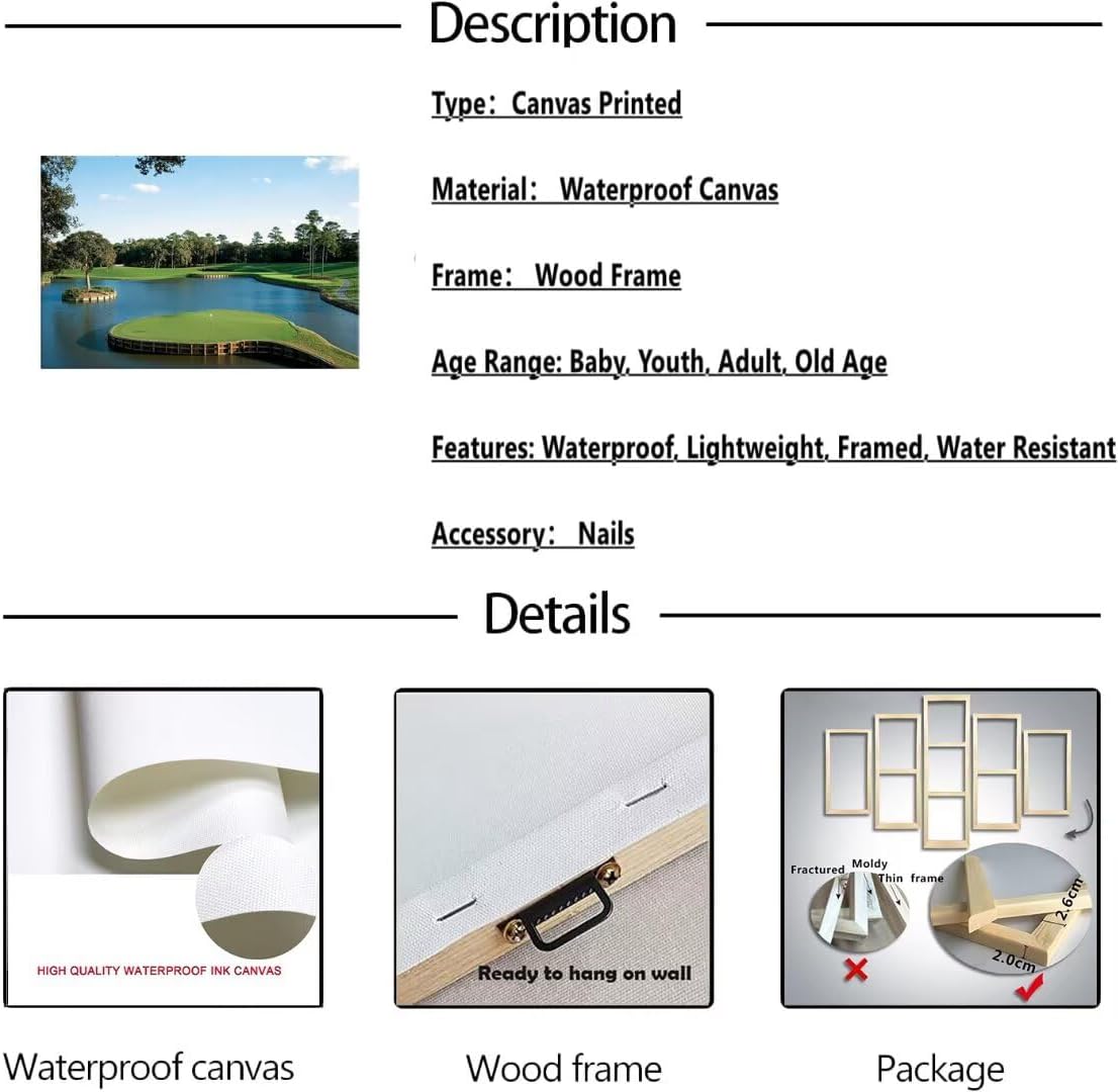 chenchenArt USA Golf Course Wall Art TPC Sawgrass Golf Course Pictures Canvas Prints Golf Wall Decor for Living Room Bedroom Bathroom Home Decorations Framed Ready to Hang(24''H x 36''W)