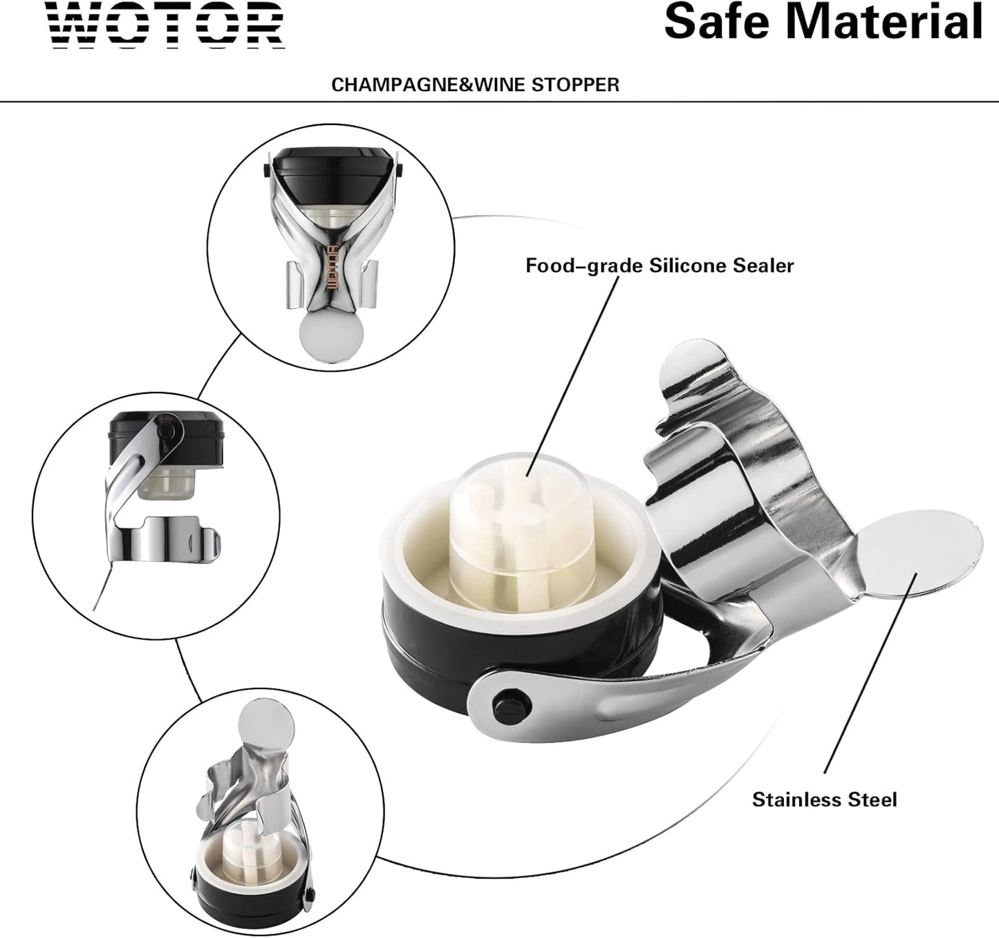 WOTOR Champagne&Wine Bottle Stoppers Stainless Steel with Food Grade Silicone, Leak Proof Keep Fresh Reusable Saver, Cork Suitable for Wine, Champagne, Cava, Prosecco and Sparkling (4 Pack Silver)