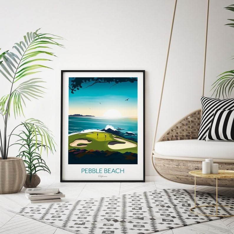 Golf Print - Pebble Beach California - US Open Golf Gift, Pebble Beach Golf Course Poster, California Golf Print, Coastal Golf Art, Golf Landscape Illustration, Sports Wall Decor. (Unframed) (20x30)