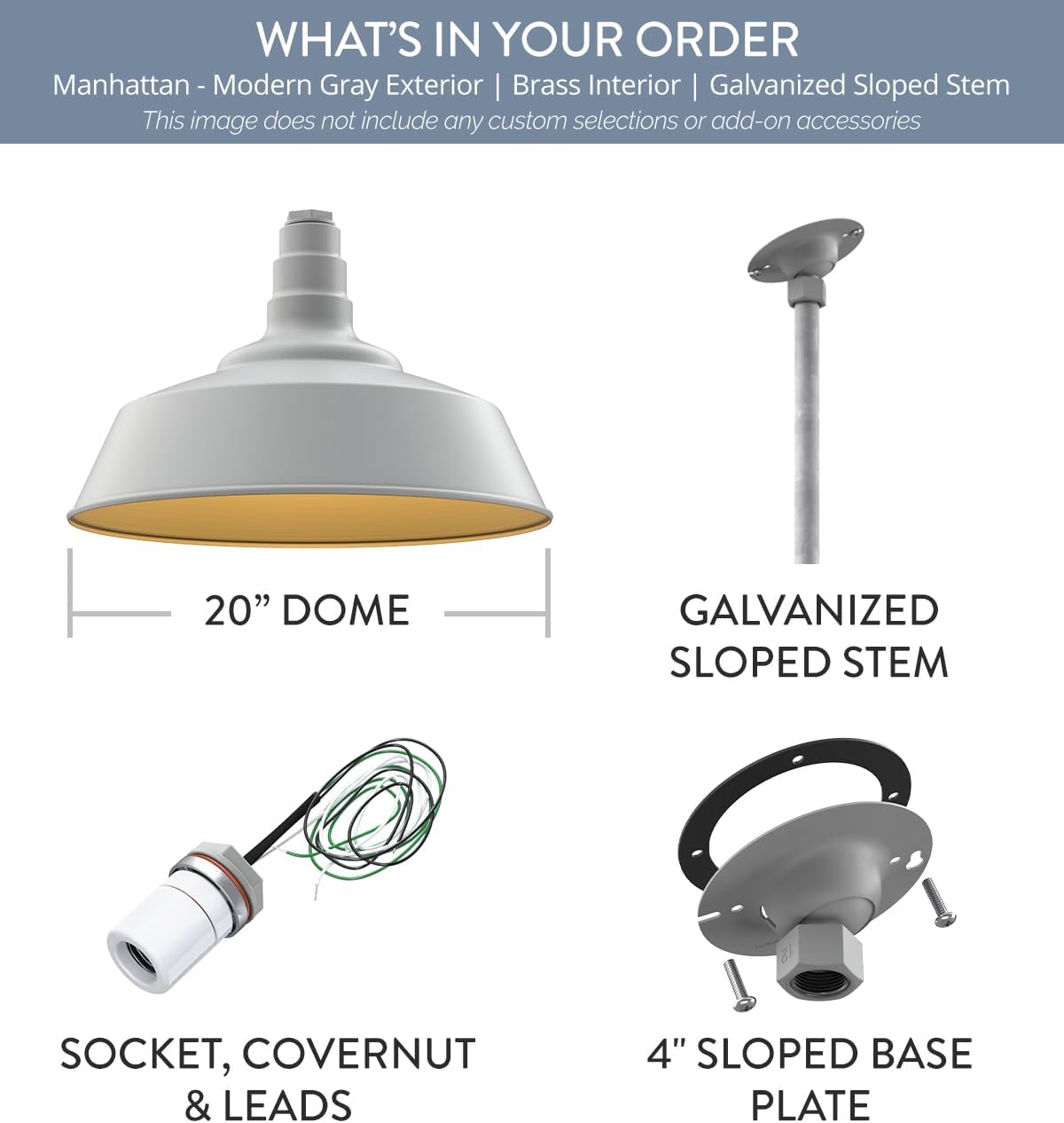 Steel Lighting Co. Manhattan Warehouse Light | Ceiling Mounted Pendant | 20 inch Dome | 12" Sloped Stem | Large Steel Barn Light Made in America | Modern Gray Exterior/Brass Interior