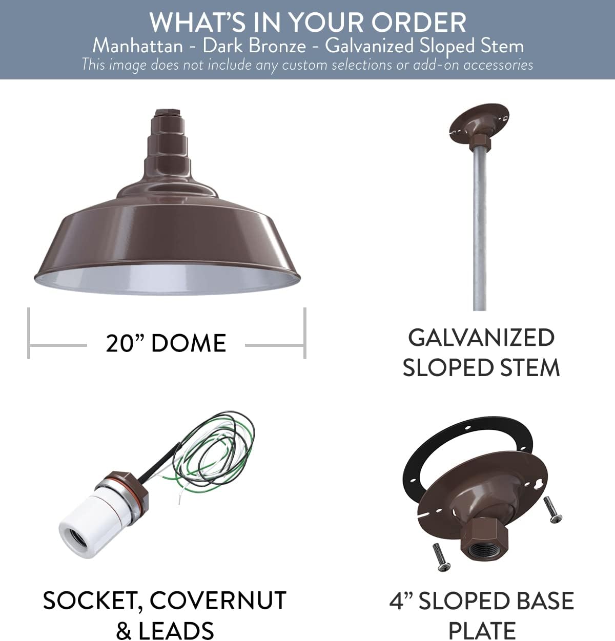 Steel Lighting Co. Manhattan Warehouse Light | Ceiling Mounted Pendant | 20 inch Dome | 12 inch Sloped Stem | Large Steel Barn Light Made in America | Dark Bronze Exterior/White Interior