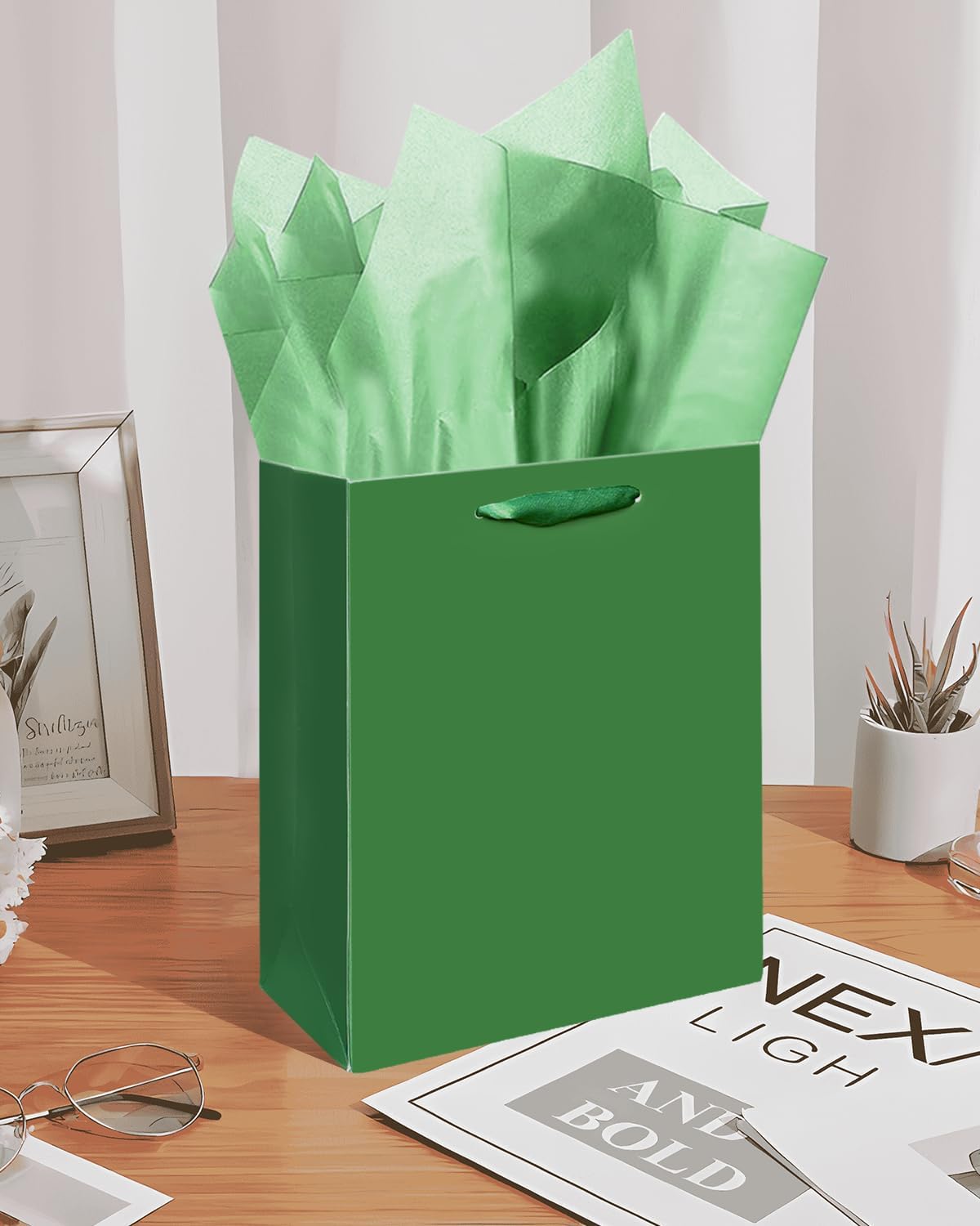 Gcardist Dark Green Gift Bags with Tissue Paper for Wedding, Birthday, Party Supplies-7.9"x4.3"x9.6" Medium Size Cardboard Gift Bags(16pcs Bags +32pcs Tissue Paper )