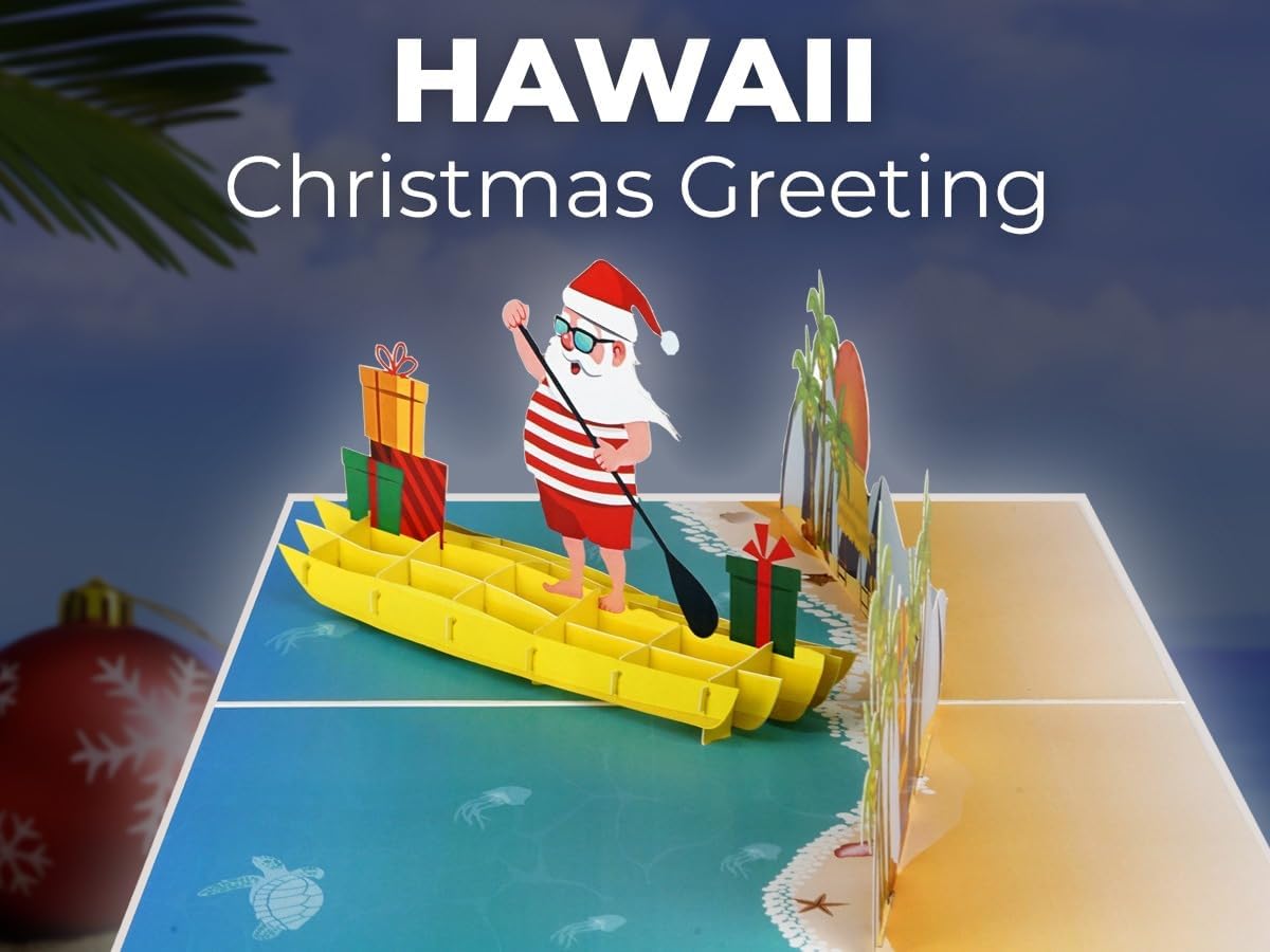 iGifts And Cards Tropical Santa 3D Pop Up Christmas Card - Warm Wishes from Down Under! Funny Beach Holiday Greeting with Santa Rowing a Canoe Full of Gifts β 6" x 8" with Notecard and Envelope