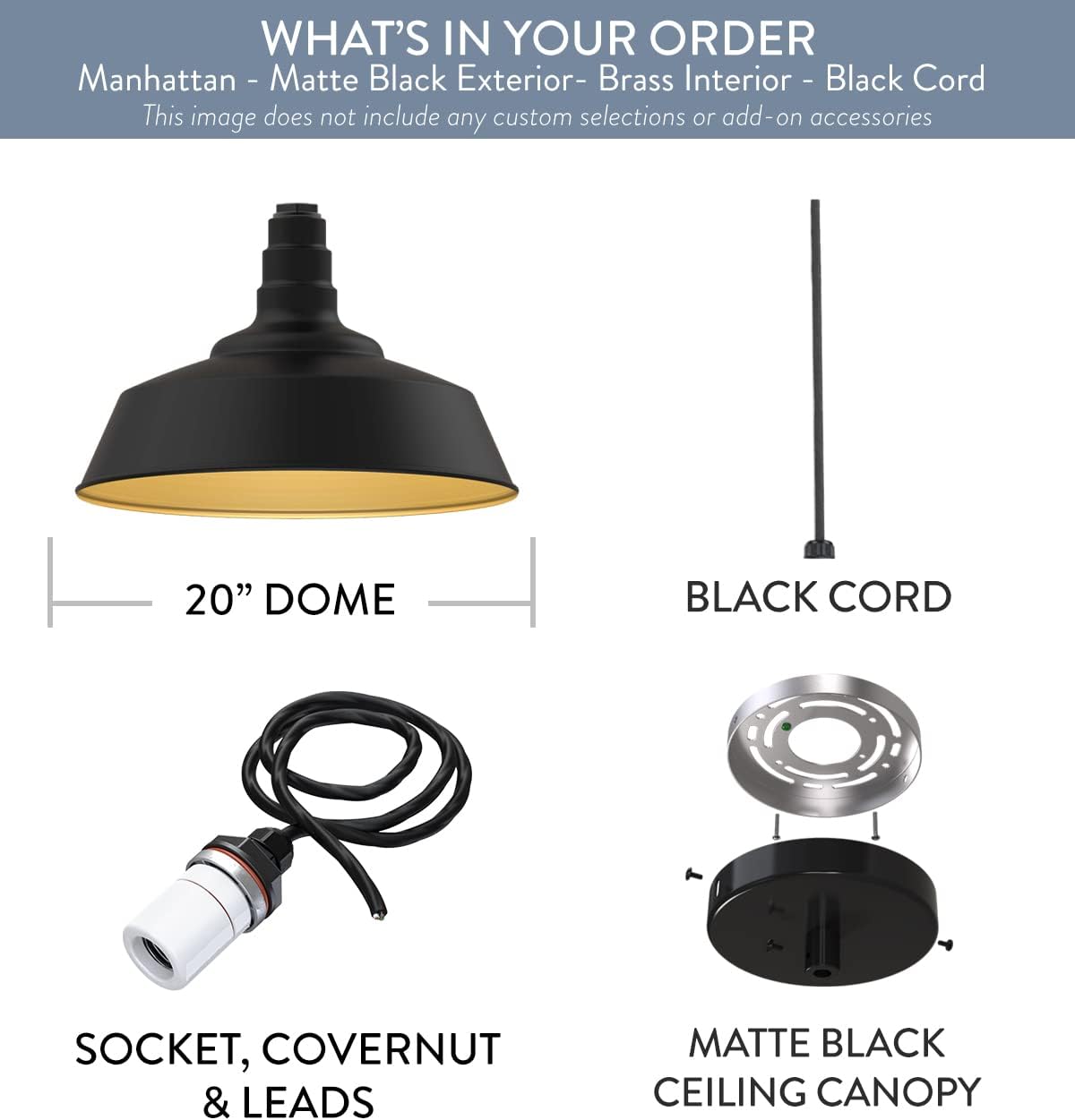 Steel Lighting Co. Manhattan Warehouse Light | Ceiling Mounted Pendant | 20 inch Dome | Black Cord | Large Steel Barn Light Made in America | Matte Black Exterior/Brass Interior