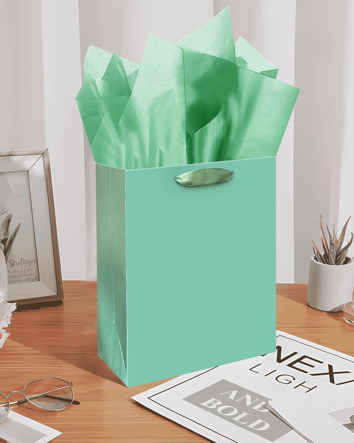 Gcardist Lake Green Gift Bags with Tissue Paper for Wedding, Birthday, Party Supplies-7.9"x4.3"x9.6" Medium Size Cardboard Gift Bags(5pcs Bags +10pcs Tissue Paper )