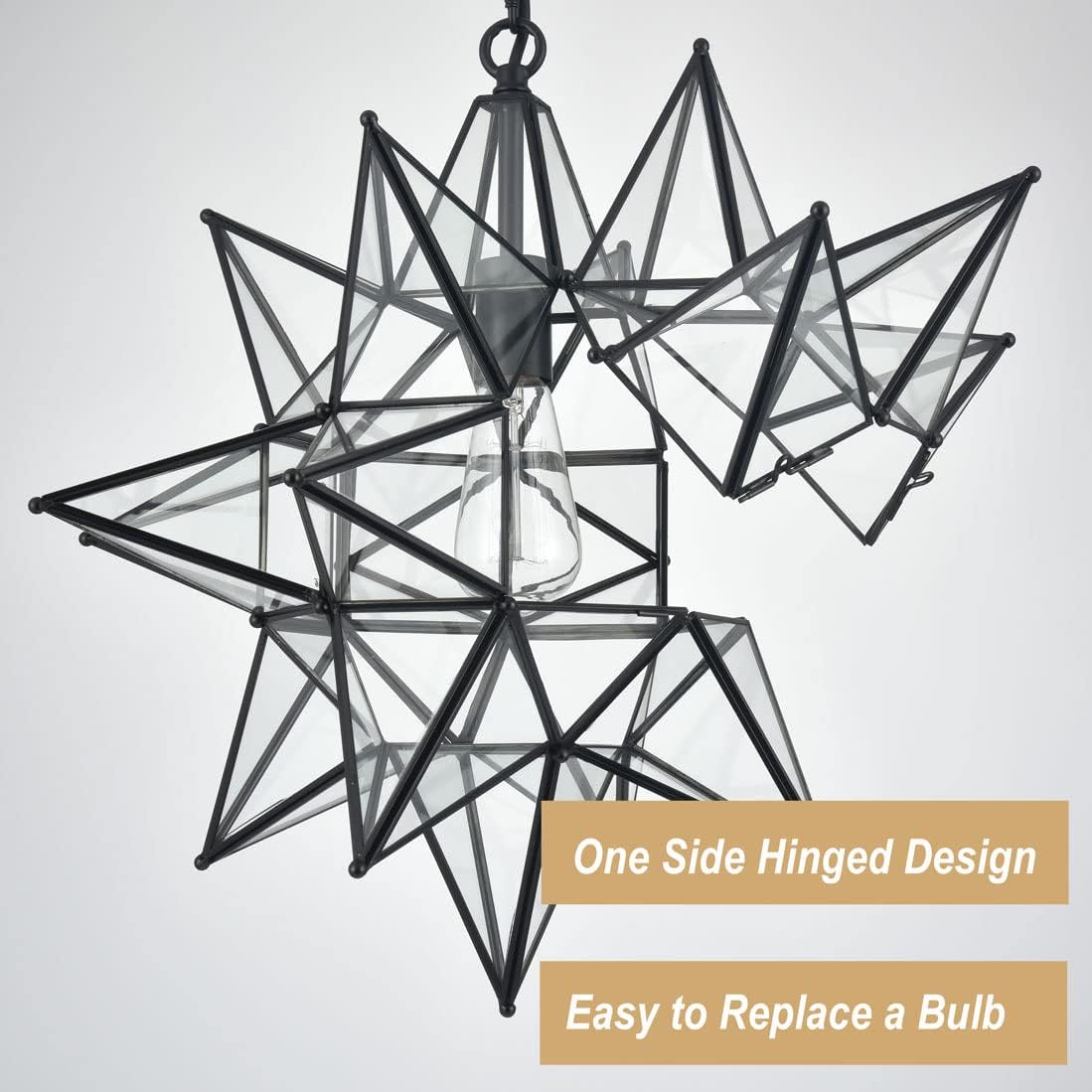 DIRYZON Boho Moravian Star Pendant Light 20 Inch Large Black Hanging Ceiling Light,Modern Clear Glass Pendant Lighting for Kitchen Island Porch Bedroom