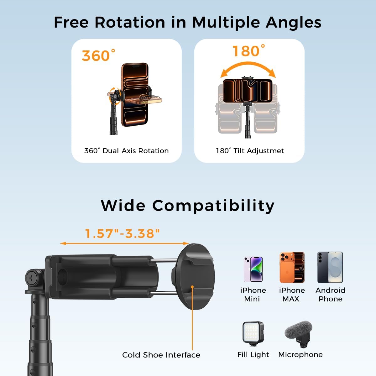 65" Automatic Phone Tripod,Auto-Open and Close Selfie Stick Tripod with Remote, Extendable Cell Phone Stand for iPhone & Android,Lightweight Selfie Stick for Creators,Vloggers,Travel,YouTube
