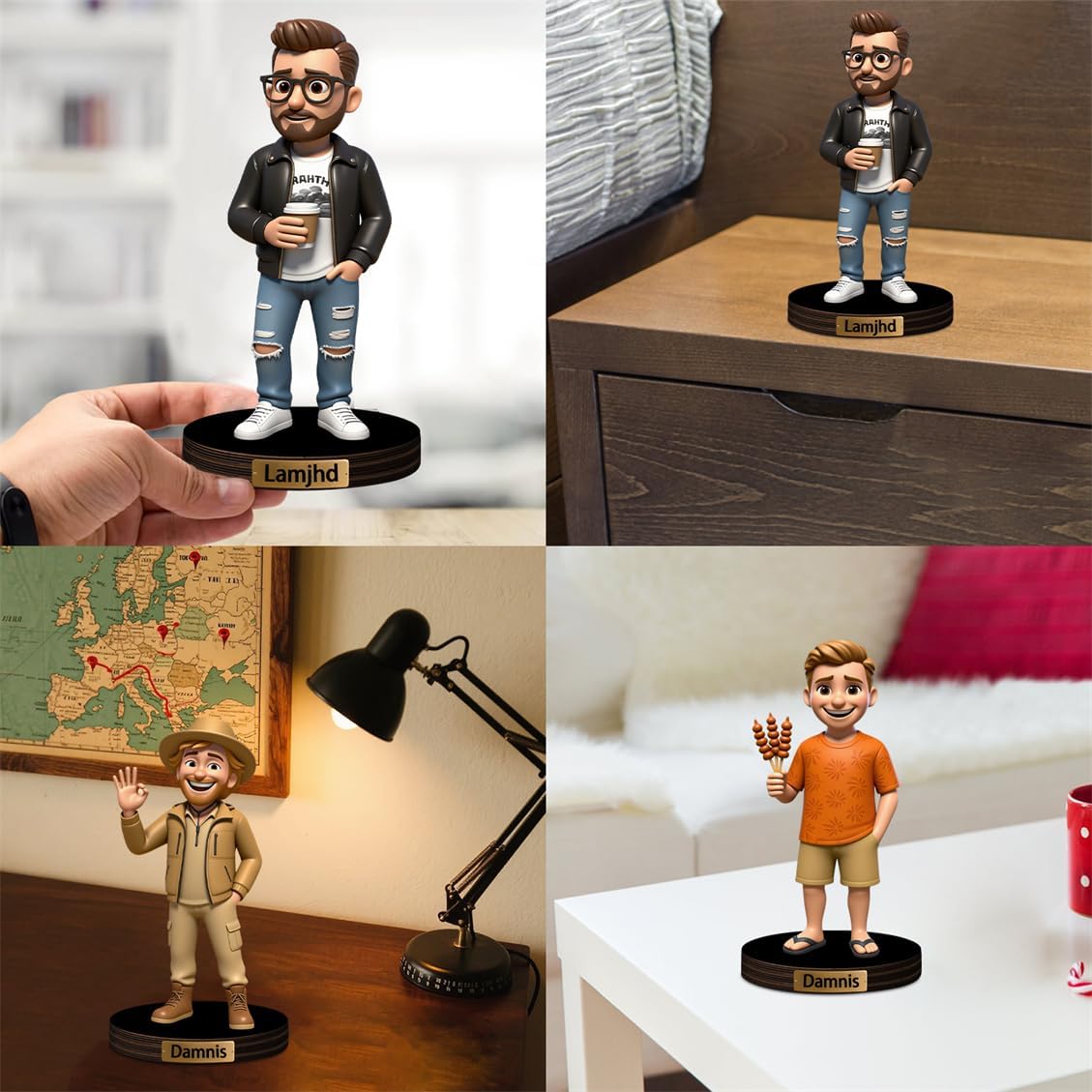 Personalized Family Photo Cartoon Desktop Decor Custom 2D Birthday Portrait Figurine Plaque with Name Picture Acrylic Sculpture Desk Sign Ornament for Men Women Family Couple Christmas Birthday,04