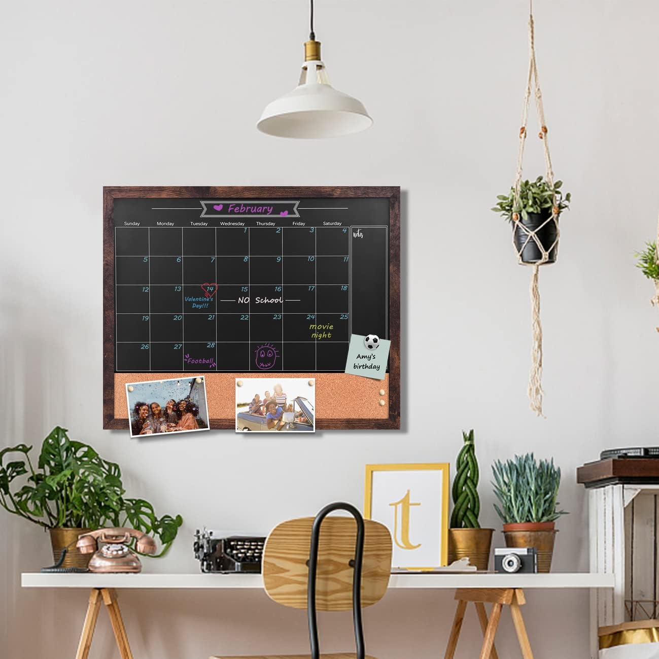 TORASO Magnetic Chalkboard Calendar Corkboard, 18" x 22" Combination Chalk Board Bulletin Board, Walnut Brown Framed Blackboard Calendar Cork Combo Board(ZHHB-BN-4555)