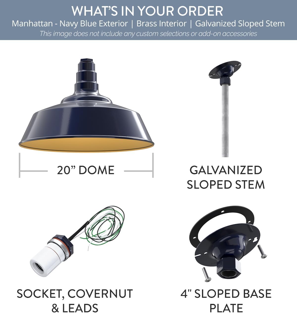 Steel Lighting Co. Manhattan Warehouse Light | Ceiling Mounted Pendant | 20 inch Dome | 12" Sloped Stem | Large Steel Barn Light Made in America | Navy Blue Exterior/Brass Interior