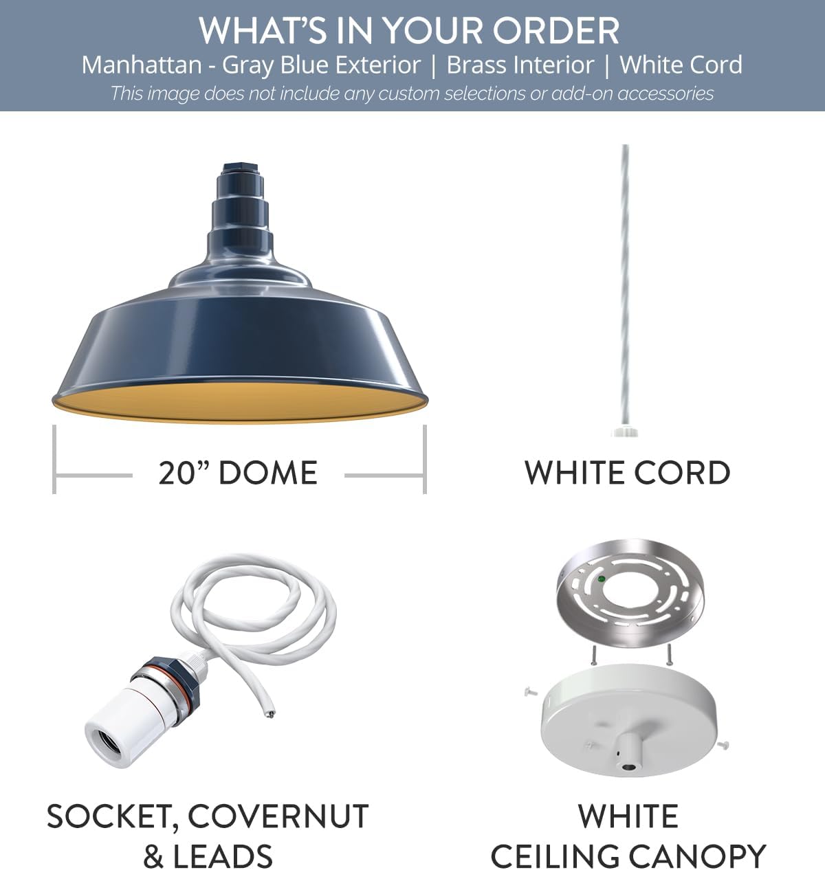 Steel Lighting Co. Manhattan Warehouse Light | Ceiling Mounted Pendant | 20 inch Dome | 4' White Cord | Large Steel Barn Light Made in America | Gray Blue Exterior/Brass Interior