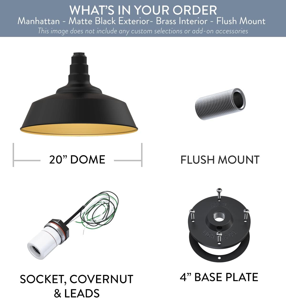 Steel Lighting Co. Manhattan Warehouse Light | Ceiling Mounted Pendant | 20 inch Dome | Flush Mount | Large Steel Barn Light Made in America | Matte Black Exterior/Brass Interior