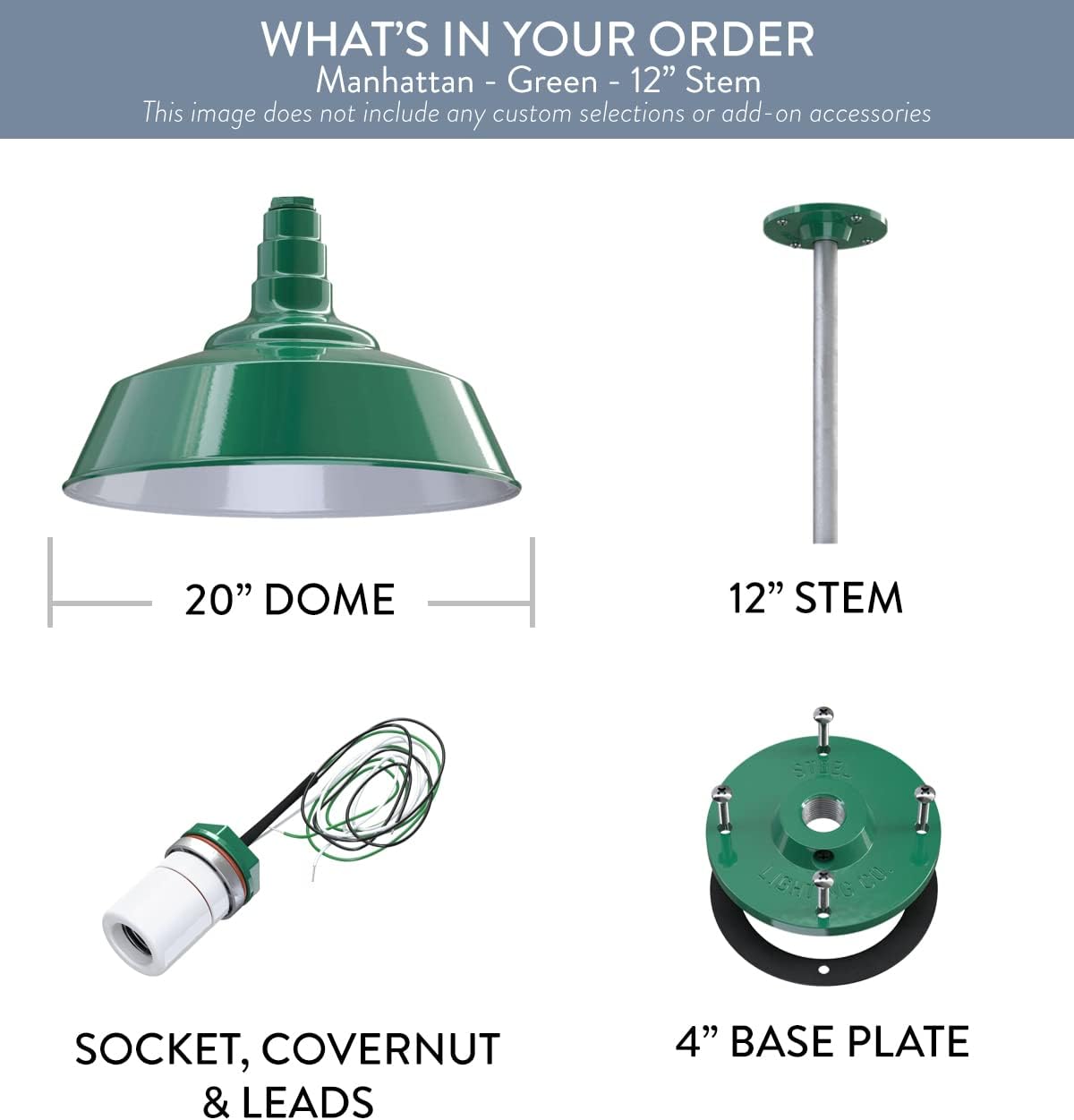 Steel Lighting Co. Manhattan Warehouse Light | Ceiling Mounted Pendant | 20 inch Dome | 12 inch Stem | Large Steel Barn Light Made in America | Green Exterior/White Interior