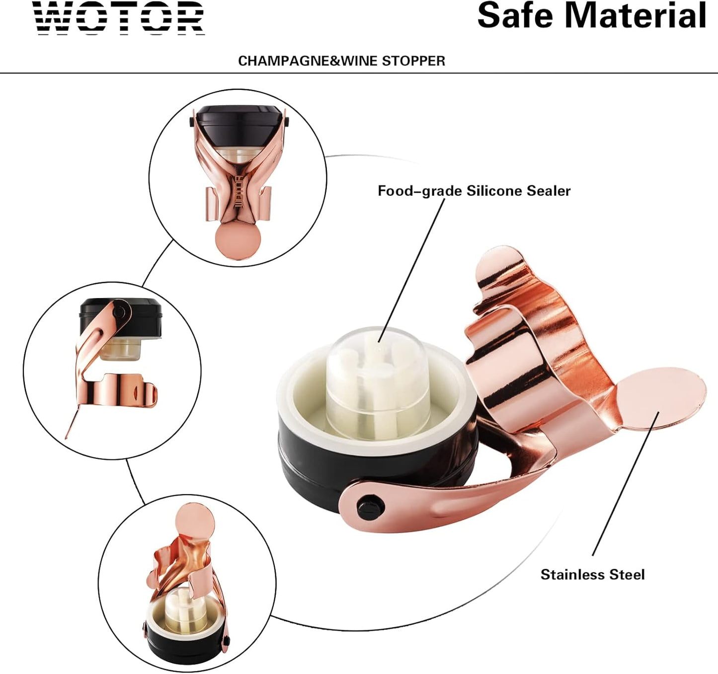 WOTOR Champagne&Wine Bottle Stoppers Stainless Steel with Food Grade Silicone, Leak Proof Keep Fresh Reusable Saver, Cork Suitable for Wine, Champagne, Cava, Prosecco and Sparkling (2 Pack Rosegold)