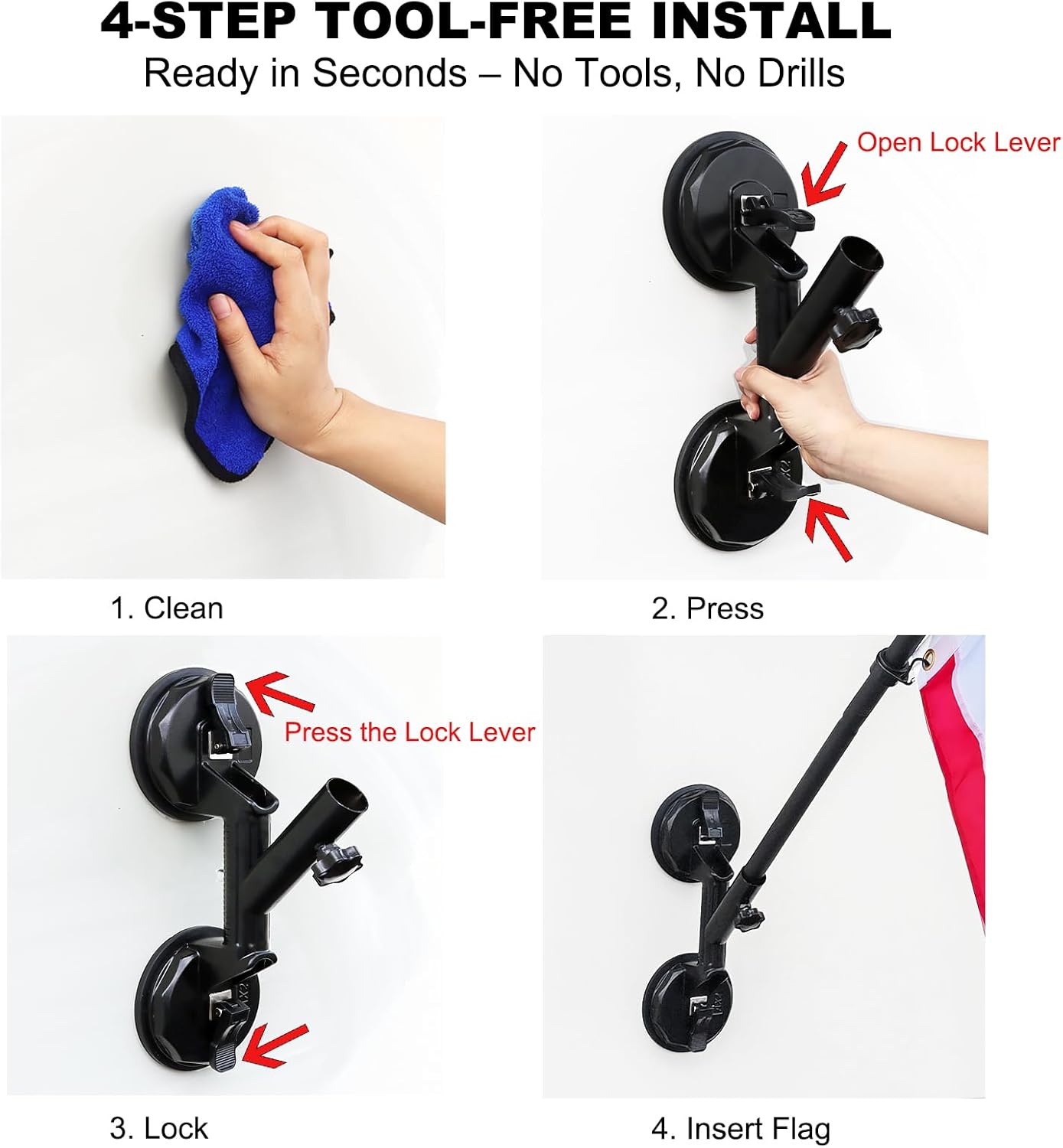 Quick Flag Mount - Suction Cup Flag Pole Holder for RV, Truck, Boat, Camper, Car, Golf Cart - No-Drill Heavy-Duty Suction - Outdoor Flag Bracket for Camping, Tailgating, Patriotic Display