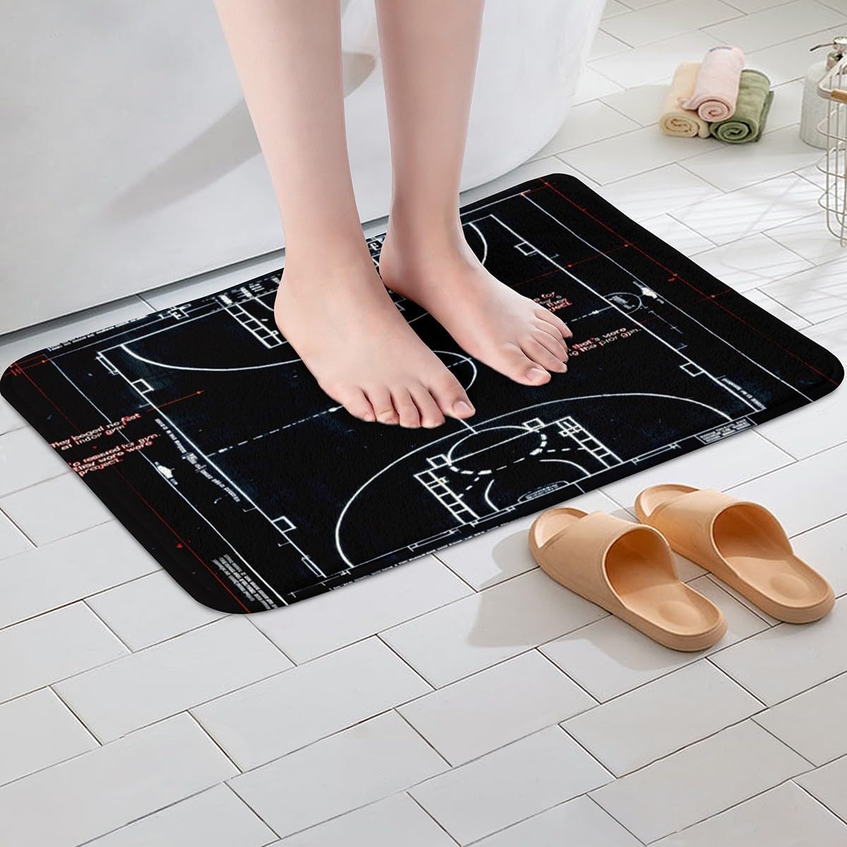 Feelyou Basketball Soft Fleece Door Carpet Ball Sport Game Polyester Bath Rug for Kids Boys Girls Sport Theme Non Slip Bath Mat Basketball Court Plan Bathroom Floor Indoor Doormat,20x32 Inch