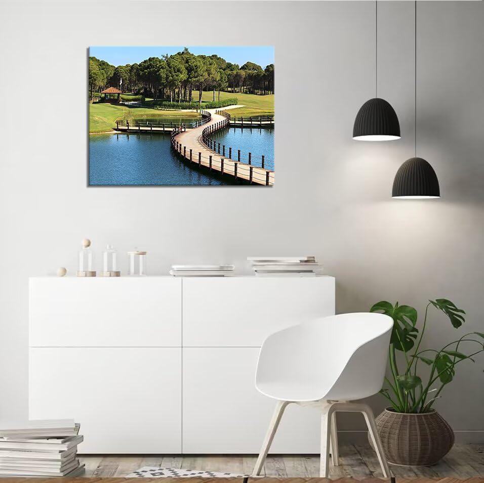 HJY Art USA Golf Course Wall Art Pictures Golf Club Wall Decor Blue Green Painting Poster for Home Decor Living Room Bedroom Bathroom Office Gym Landscape Framed Artwork Ready to Hang (28 x 44 inch)