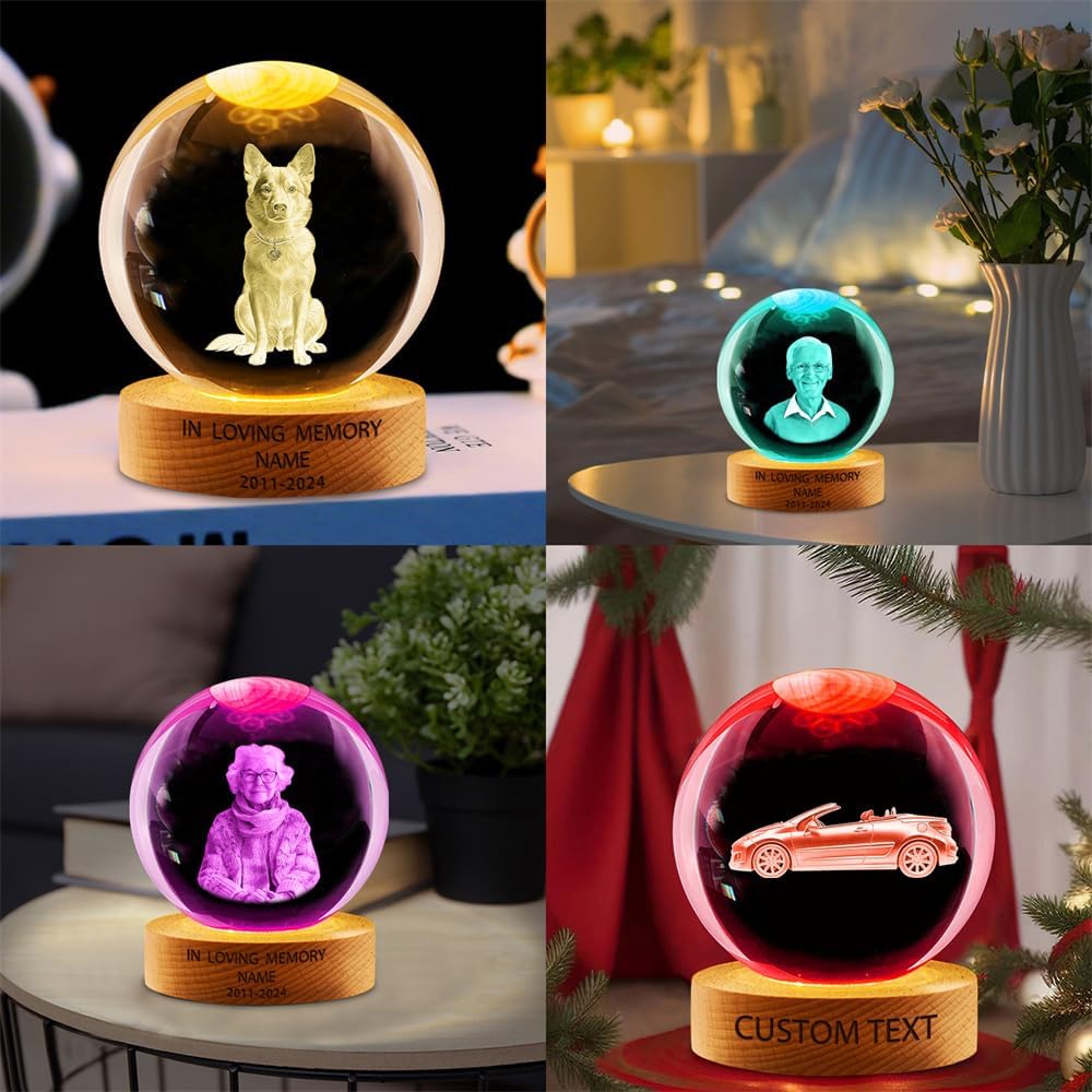 Personalized Cat Pet Photo Memorial Crystal Night Light Gift for Women, Custom Photo Picture Cat Pet 3D Memorial Crystal Ball Night Light Lamp for Bedroom Room Decor Party Bar Pet