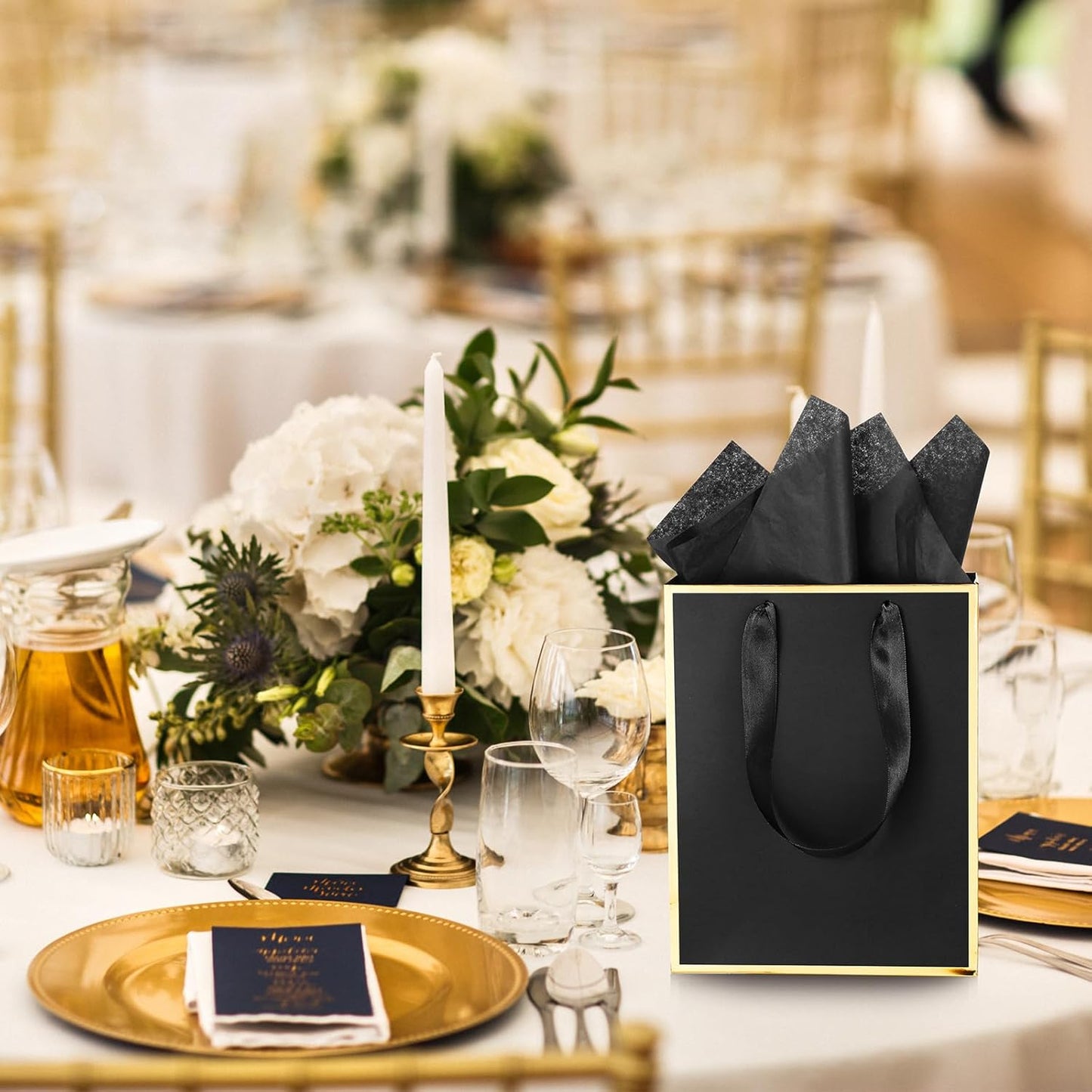 Yeaqee 24 Pack Metallic Paper Gift Bags with Handle and Tissue 9x7x3.1 Gold Foil Welcome Favor Bags Return Gifts for Wedding Fall 5 Senses Christmas Bridesmaid Birthday(Black and Gold)