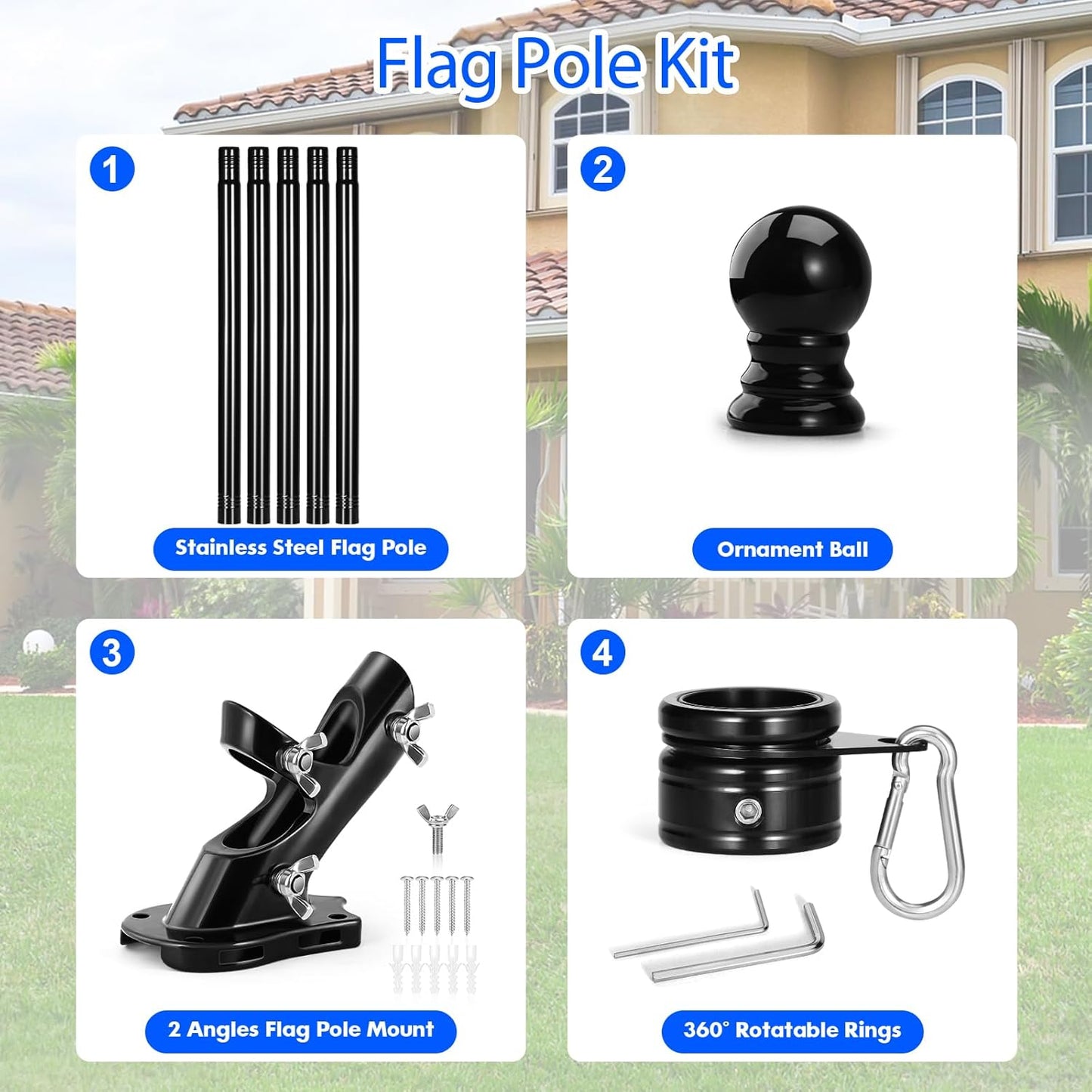 Anovo Flag Pole Kit- Stainless Steel 6 FT Flag Poles with1 Inch Metal 360° Rotating Flag Pole Rings Clip, Two-Position Flag Pole Holder Brackets Mounting for Outside House Outdoor Porch(6 FT - Black)