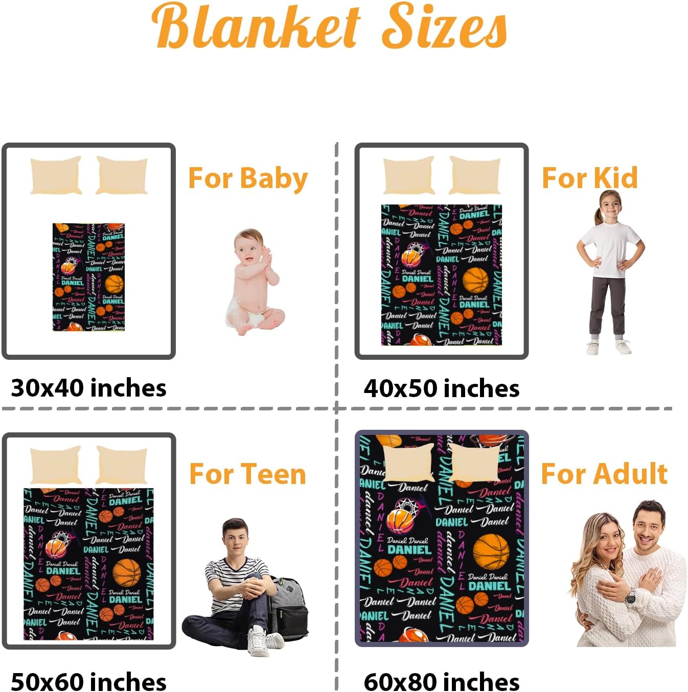 Custom Name Basketball Blanket - Personalized Names Soft Plush Flannel Throw Blankets for Baby Kids Teen Boys Girls Holidays Birthdays Gifts Color06
