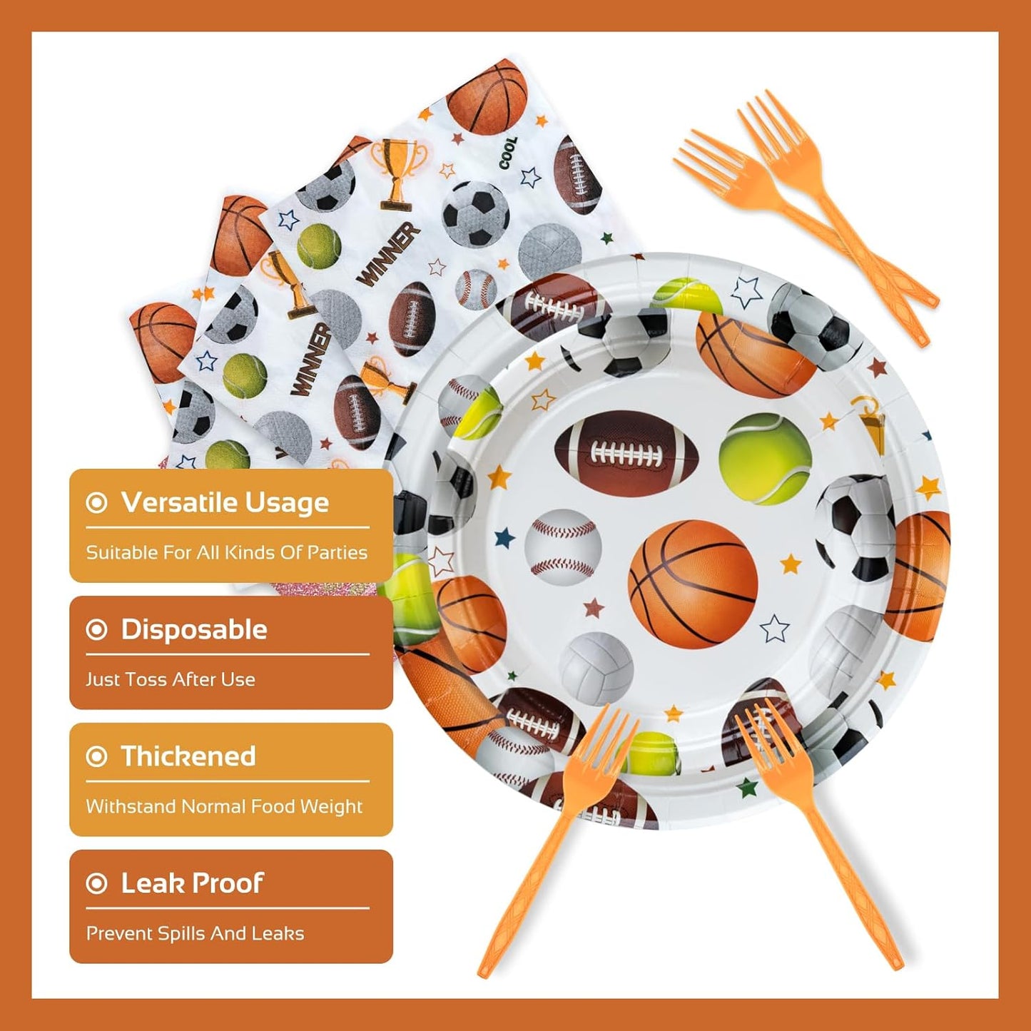 Sports Party Decorations - All-Star Sports Themed Birthday Party Tableware Set Includes Plates, Napkins, Forks, Dinnerware Kit for Baseball, Soccer, Basketball, Tennis, Football Games | Serve 24