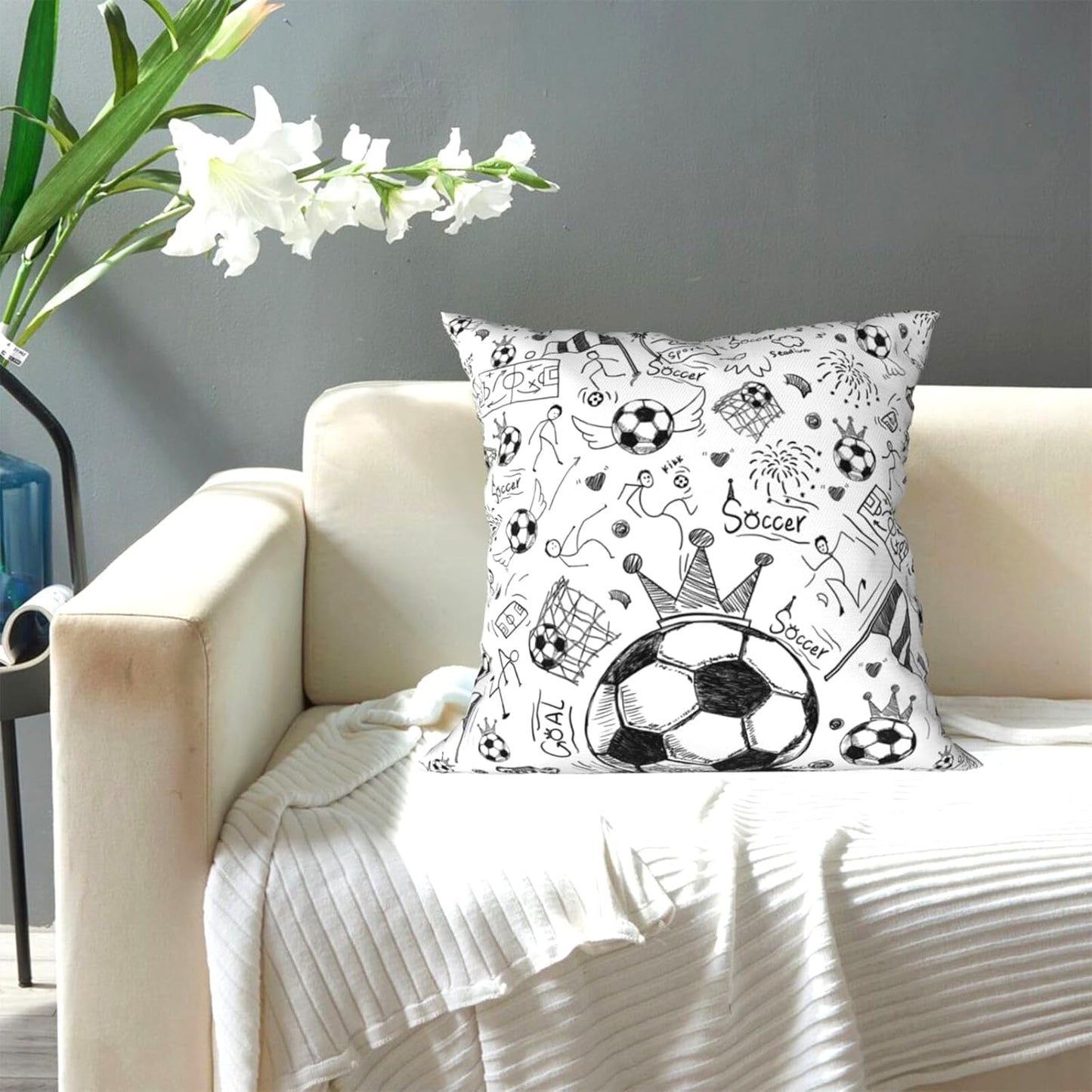 Soccer Ball Throw Pillow Covers 18x18 Inch Football Sports Decor Theme Pillowcase Gifts for Boys Men Kids Teen Home Sofa Bed Decorative Pillow Case Soccer Bedroom Decor(Cover Only)
