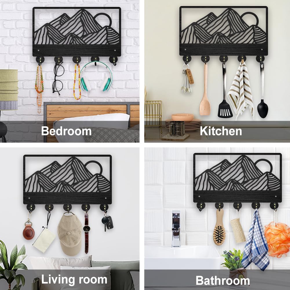 MAYJOYDIY Wooden Mountain Peak Coat Rack Wall Mount 11.8×7.9inch Sunset Mountain View Key Hooks Natural Scenery Coat Hook Organizer with 5 Alloy Hooks for Entryway Bedroom Living Room Office