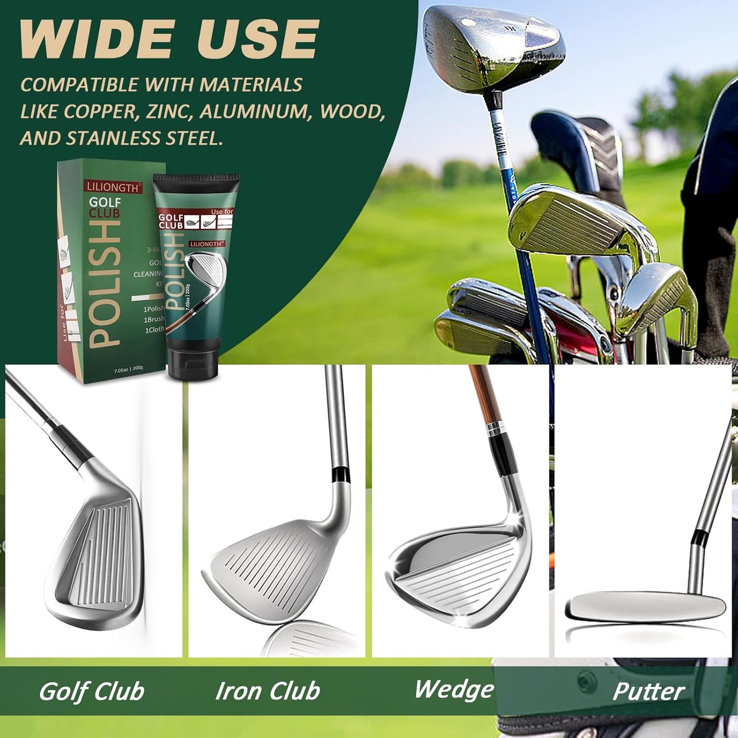 Golf Club Cleaning Kit 3-in-1 with Golf Club Cleaner Brush, Towel and 200g Golf Club Polish - Golf Club Care Kit for Instant Groove Rust & Scratch Remover - Golf Accessories for Men