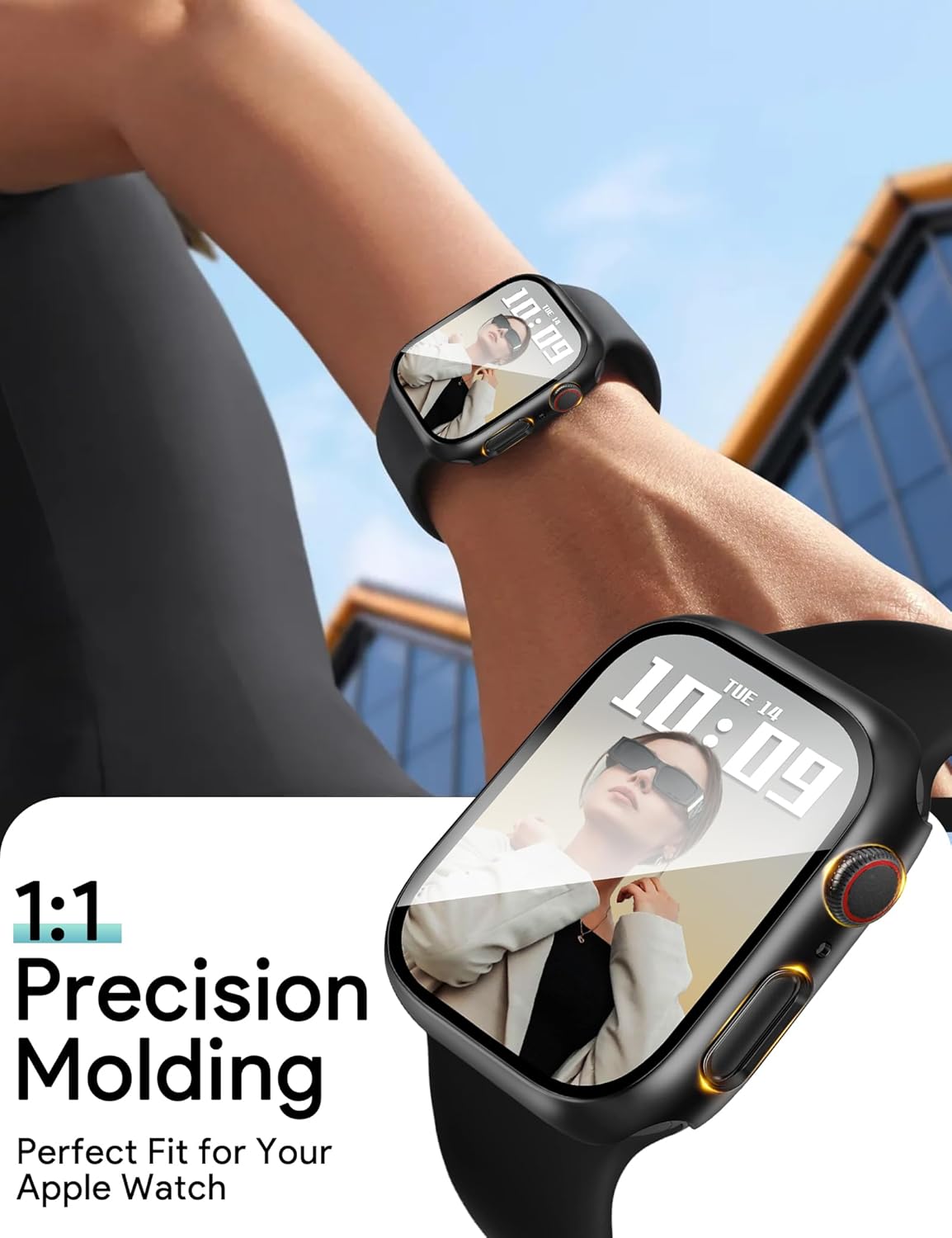 JR.DM 42mm 2 Pack Hard PC Case with HD Tempered Glass Screen Protector for Apple Watch Series 10/11 (2025), Guard Bumper Full Coverage Protective Anti-Scratch Face Cover for iWatch, Black+ Black