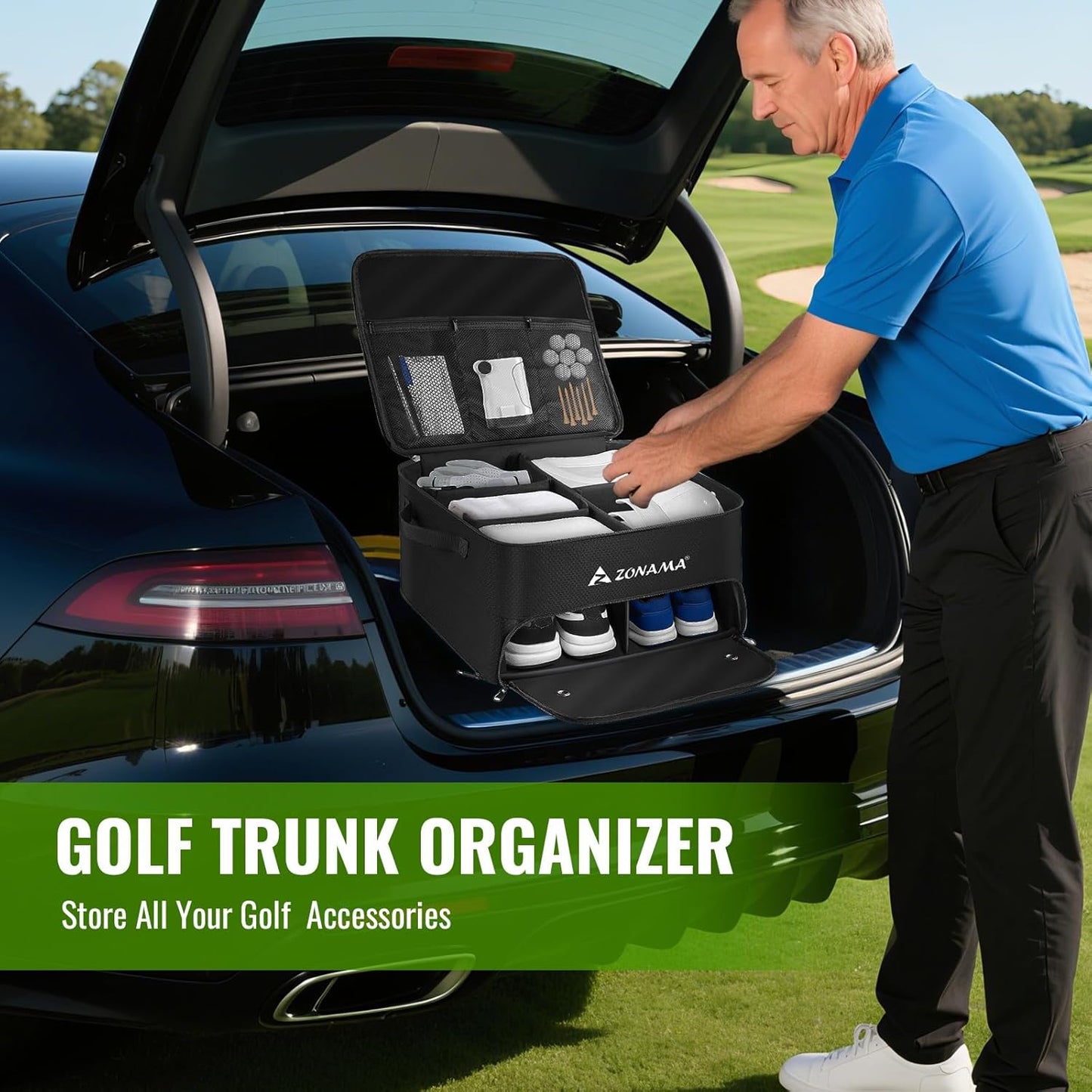Golf Trunk Organizer, 3 Layers Large Space Car Trunk Locker, with Separate Compartment, Waterproof Golf Accessories Bag for 2 Pairs of Golf Shoes, Balls, Clothes, Golf Gift for Men Women