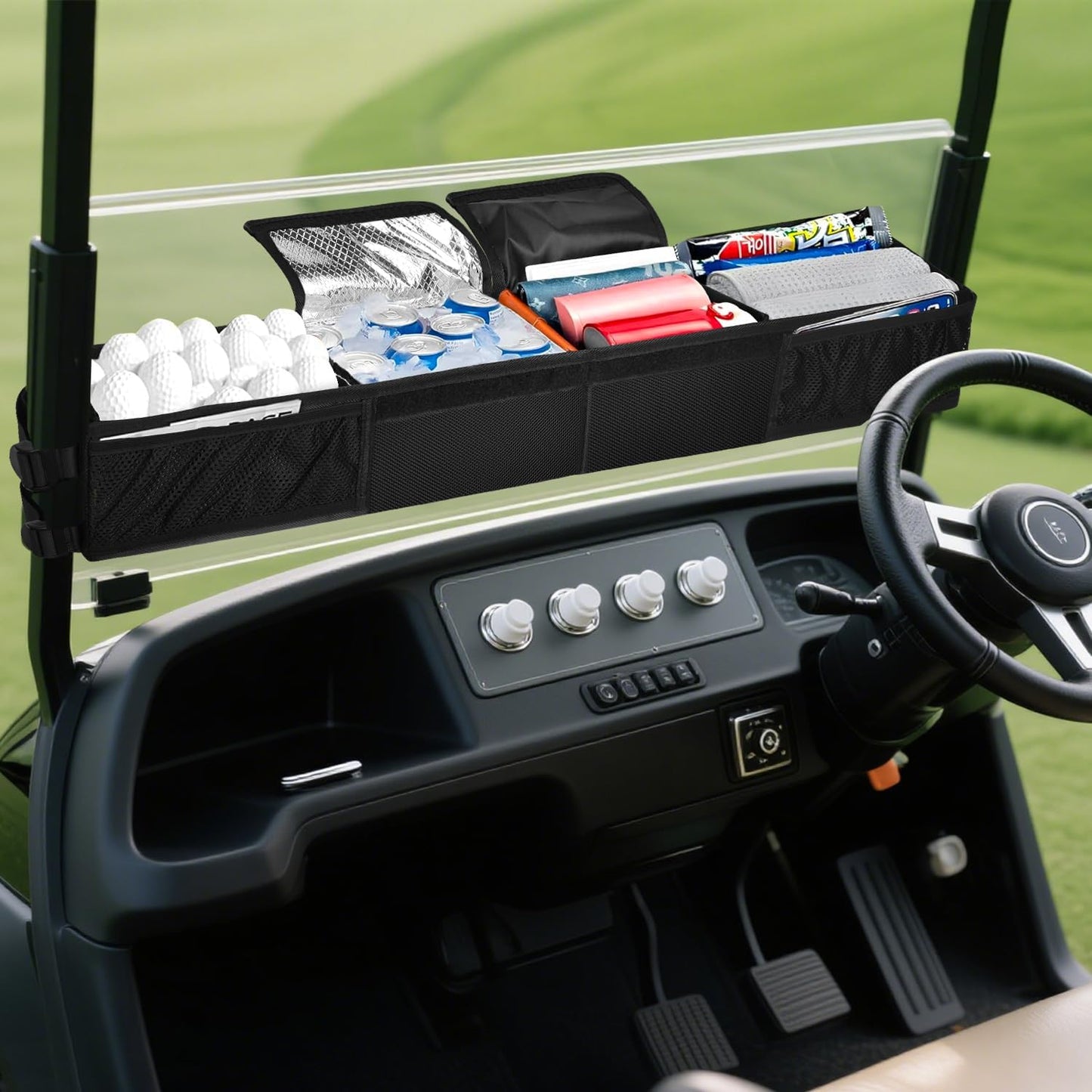 Golf Cart Storage Organizer, Golf Cart Front Storage Basket with Insulated Compartment No-Drilling Golf Cart Basket Compatible with EZGO, Club Car, Kandi Electirc Golf Carts