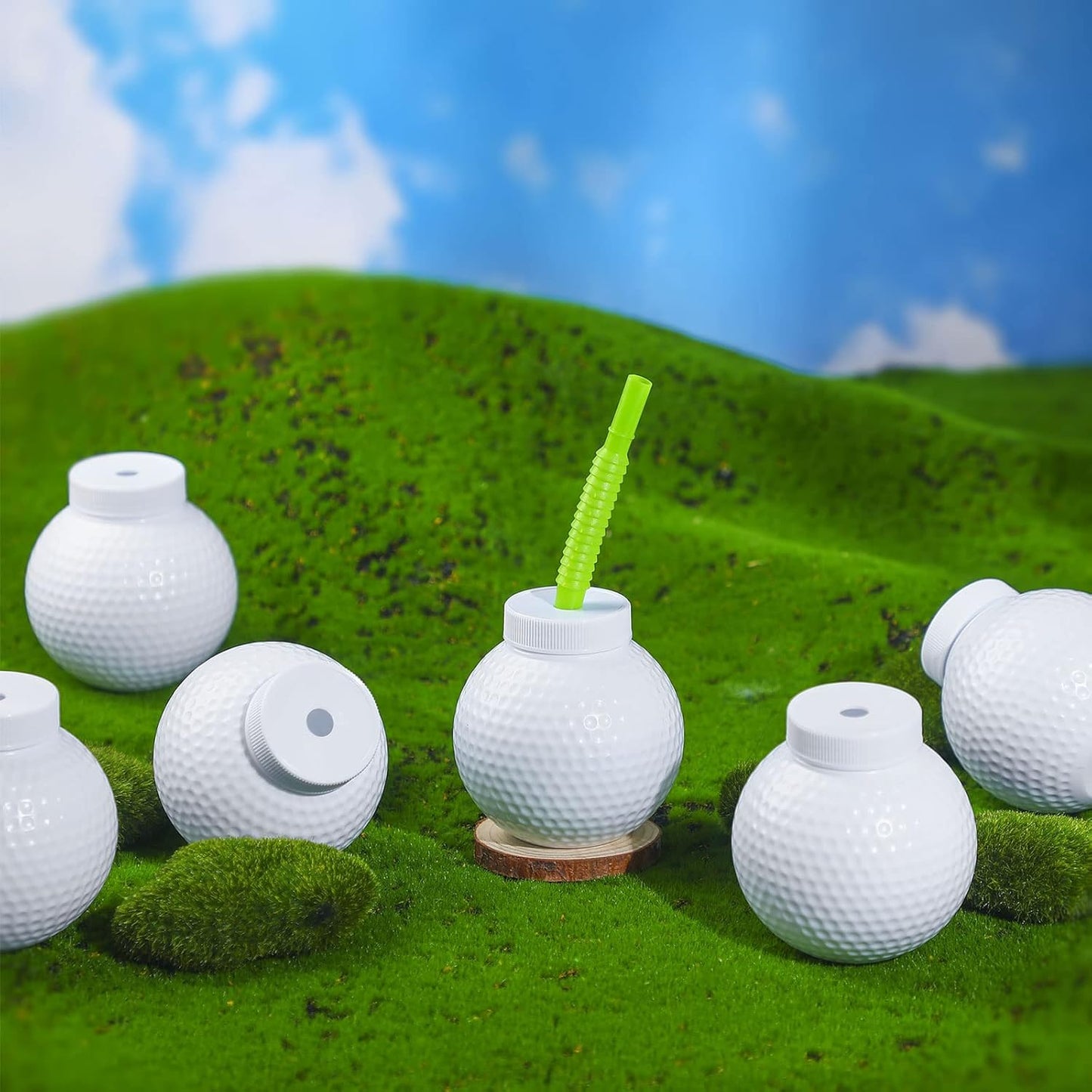 Sawysine 12 Set Golf Ball Cups with Straws and Lids - 10 oz Reusable Golf Plastic Cups Bulk for Kids Birthday Theme Party Supplies