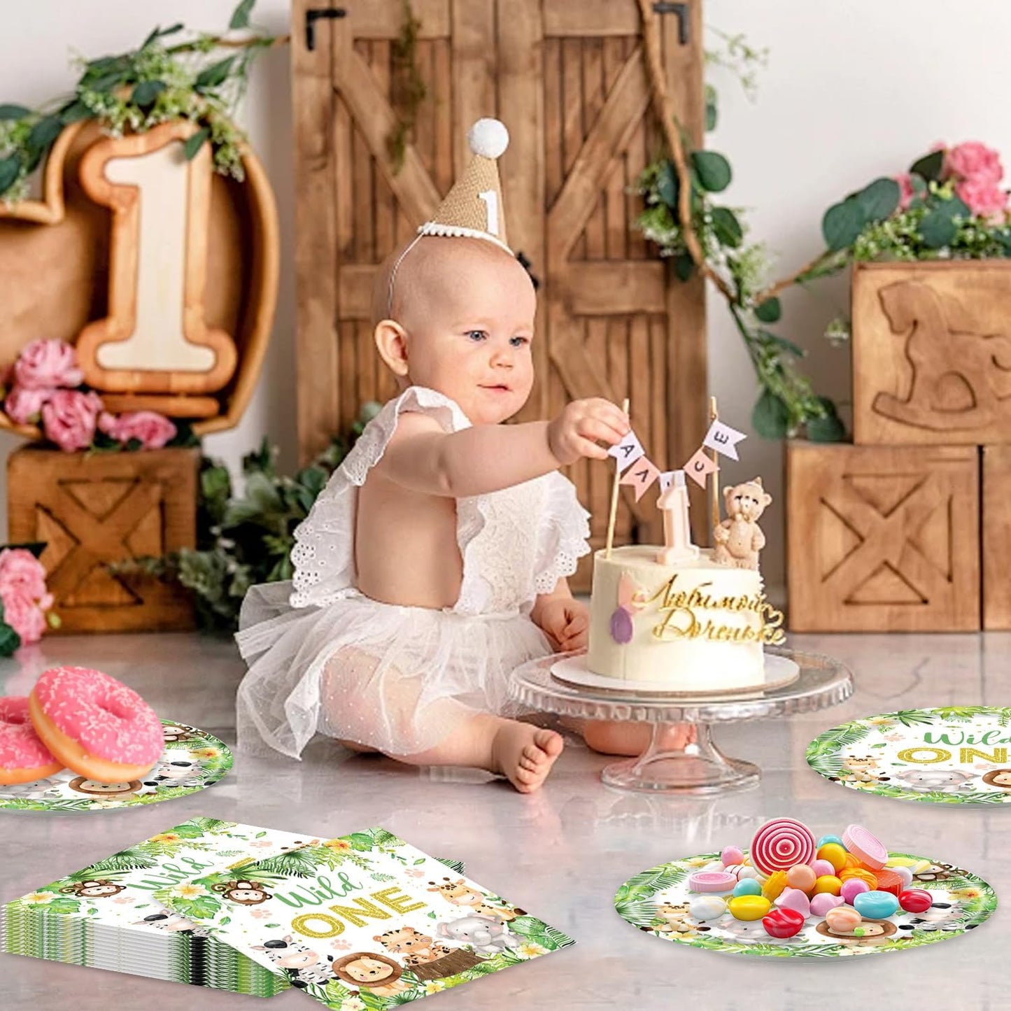 48Pcs Wild One Birthday Decorations Disposable Jungle Safari Plates and Napkins Forks Supplies Serves 16 1st Birthday Decorations Girl Boy