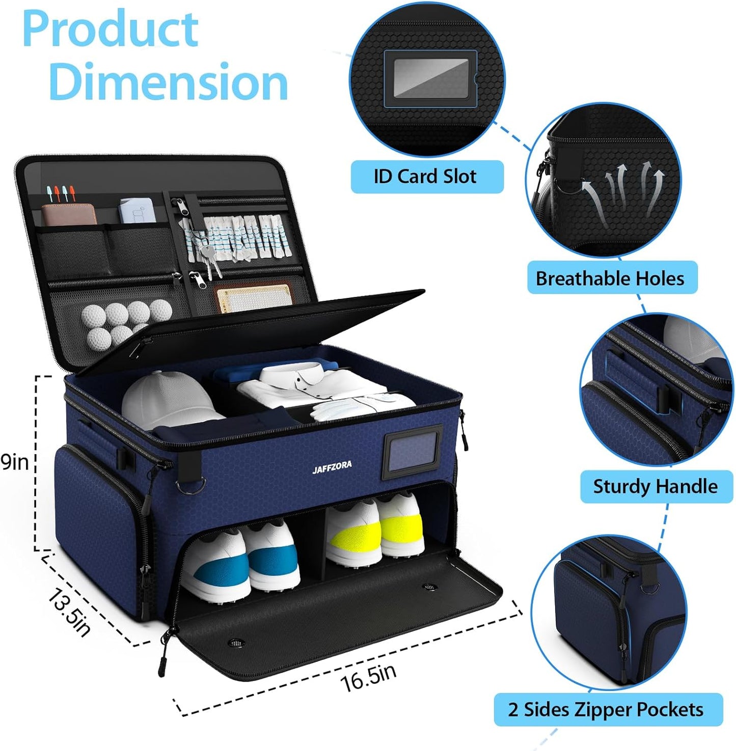 3-Layer Golf Trunk Organizer, Golfer Gifts for Men Women with Separate Ventilated Compartment for 2 Pairs Shoes, Waterproof Car Golf Locker Storage Bag for Golf Gear and Accessories,Blue