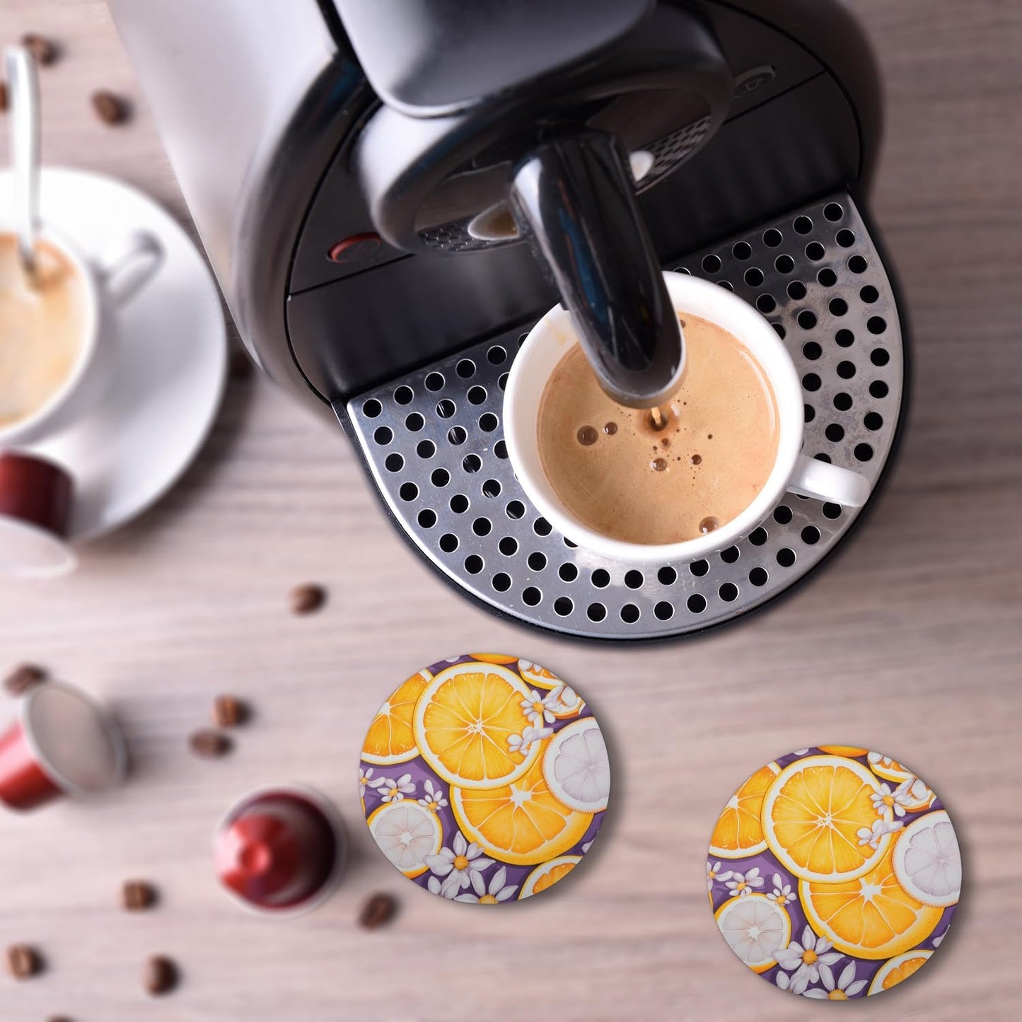 Ceramic Coasters for Drinks with Cork Back, Citrus Slice Daisy 4 Inch Absorbent Coaster Set 1 Pack, Quick Dry Non-Slip Coaster Mats for Home, Office, Bar