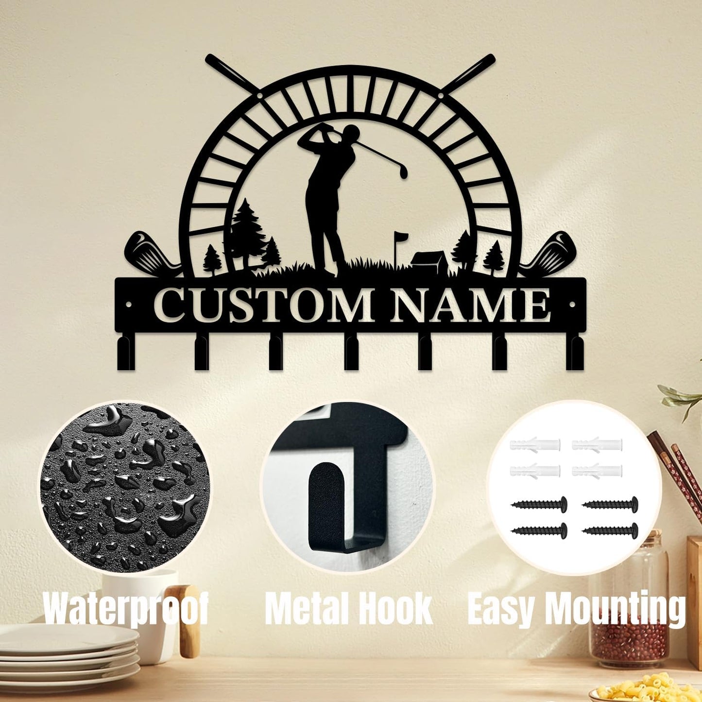 Personalized Custom Name Golf Ball Wall Keys Hooks,Metal Golf Art Clothes Hooks,Metal Golf Lover Wall Home Storage Decorative,For Front Door, Hallway, Kitchen, Bedroom,Keys,Hats (Style D)