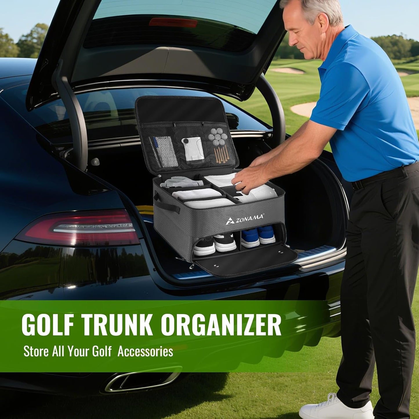 Golf Trunk Organizer, 3 Layers Large Space Car Trunk Locker, with Separate Compartment, Waterproof Golf Accessories Bag for 2 Pairs of Golf Shoes, Balls, Clothes, Golf Gift for Men Women